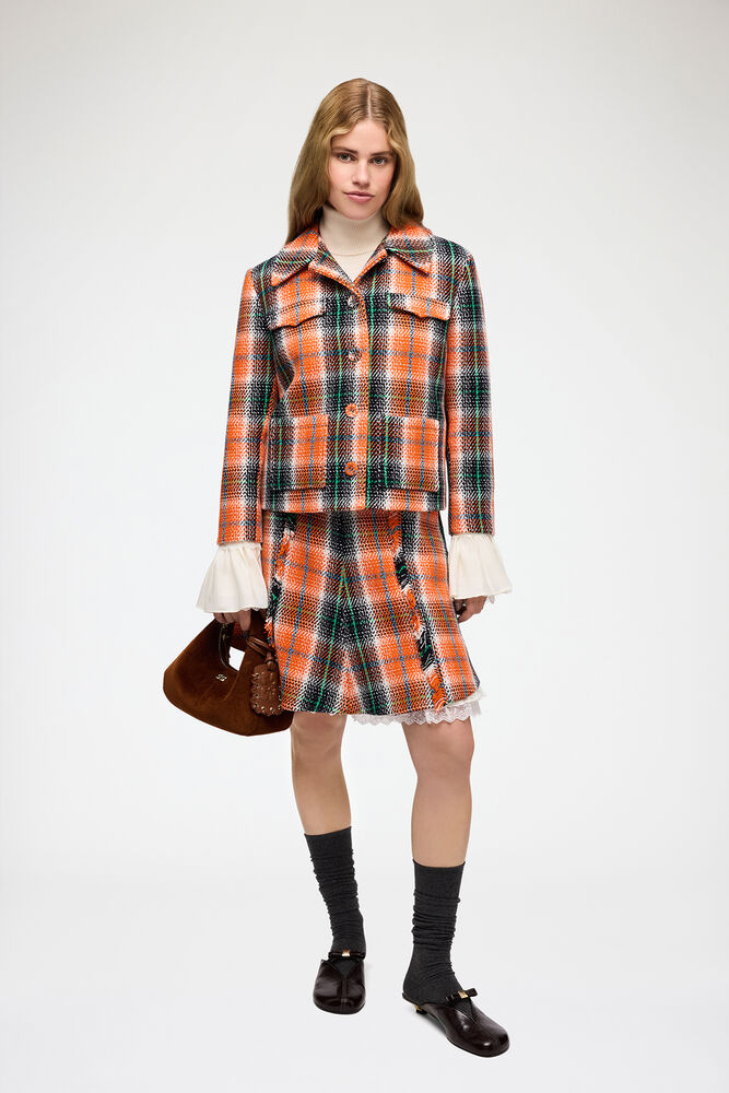 Skirt in Check Wool, Mandarin Orange