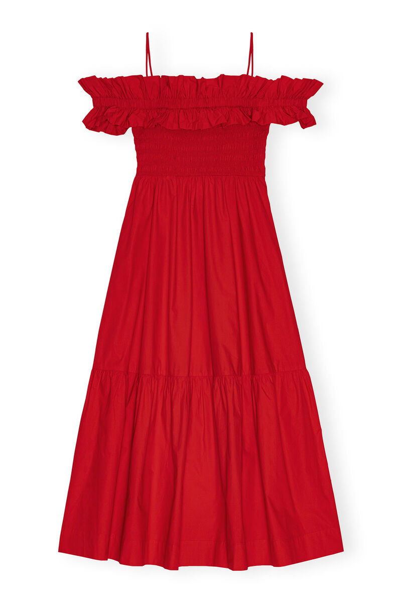 Red Cotton Poplin Long Smock klänning, Cotton, in colour Racing Red - 1 - GANNI