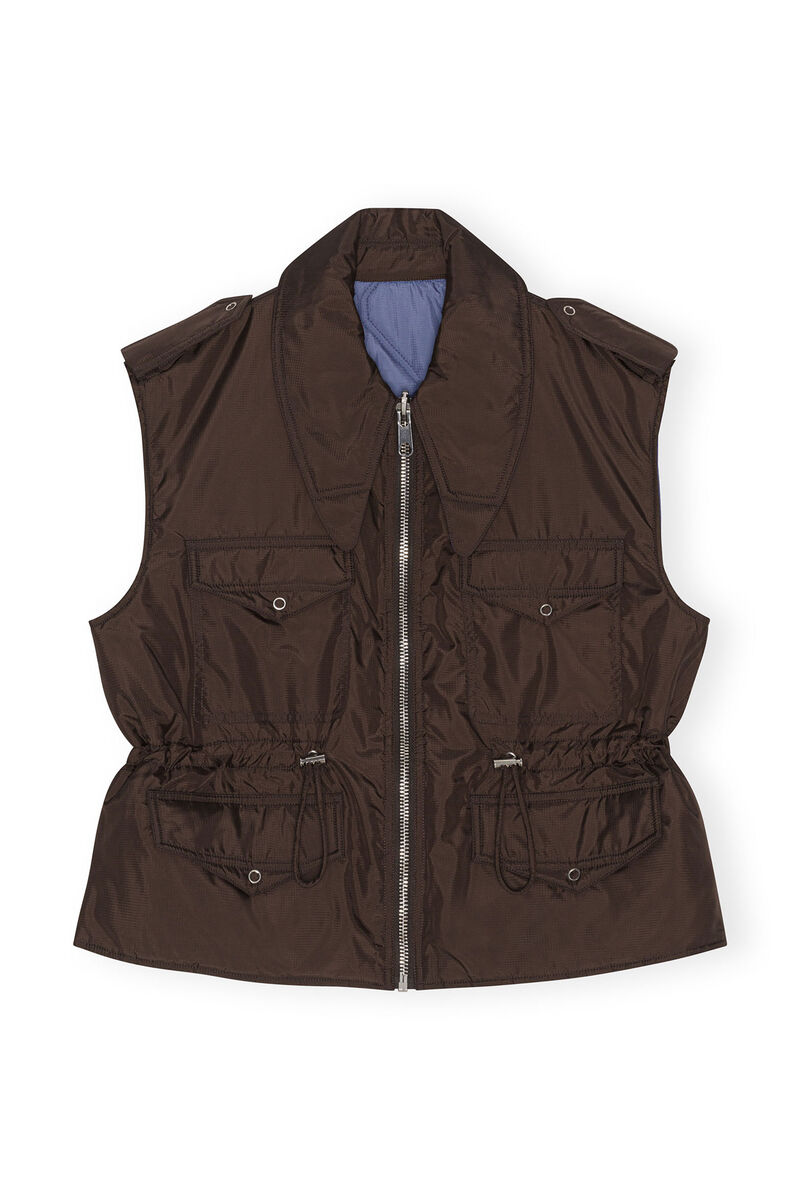 Ripstop Quilt Reversible Vest, Recycled Polyester, in colour Mole - 1 - GANNI