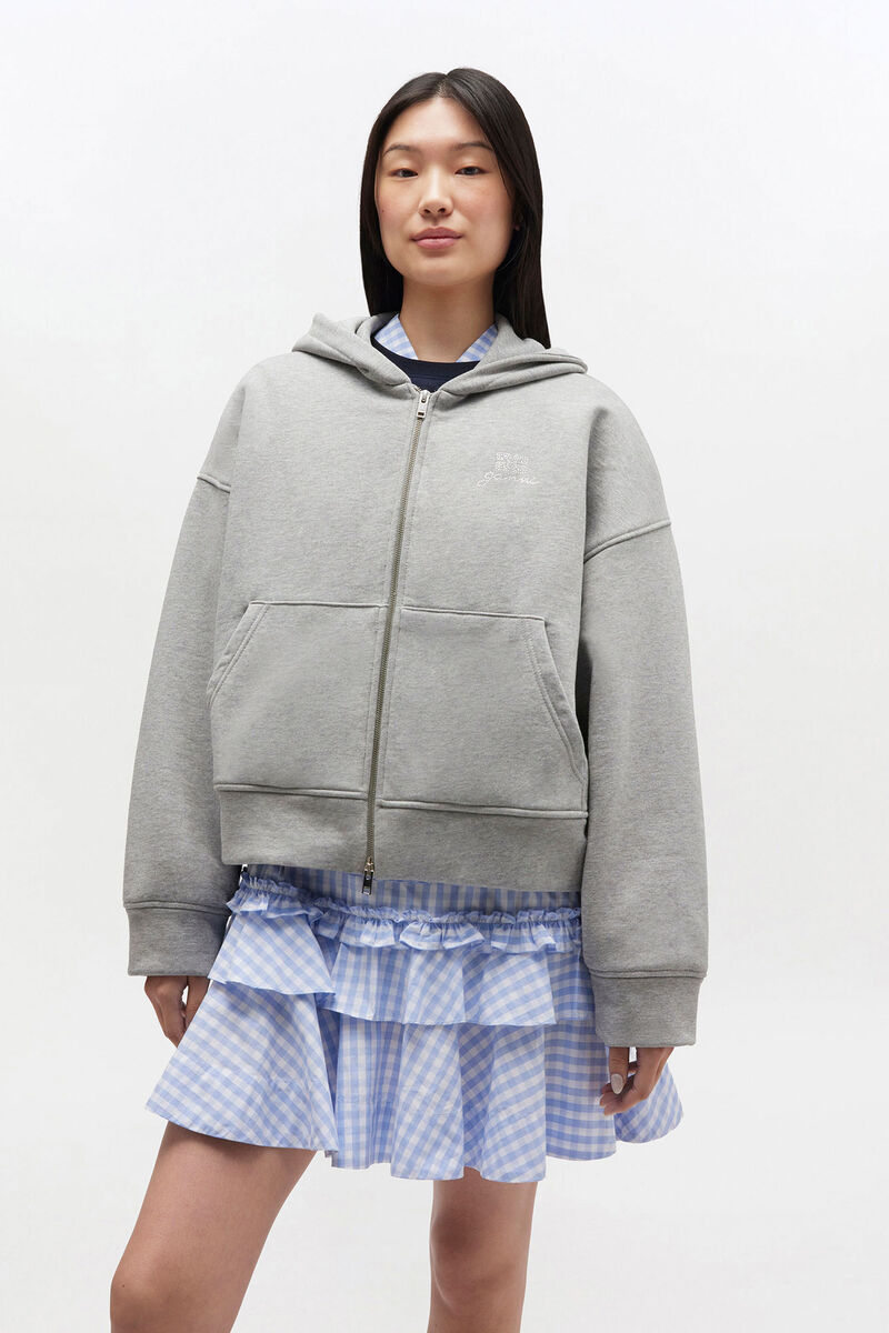 Grey Logo Zip Hoodie, Organic Cotton, in colour Paloma Melange - 2 - GANNI