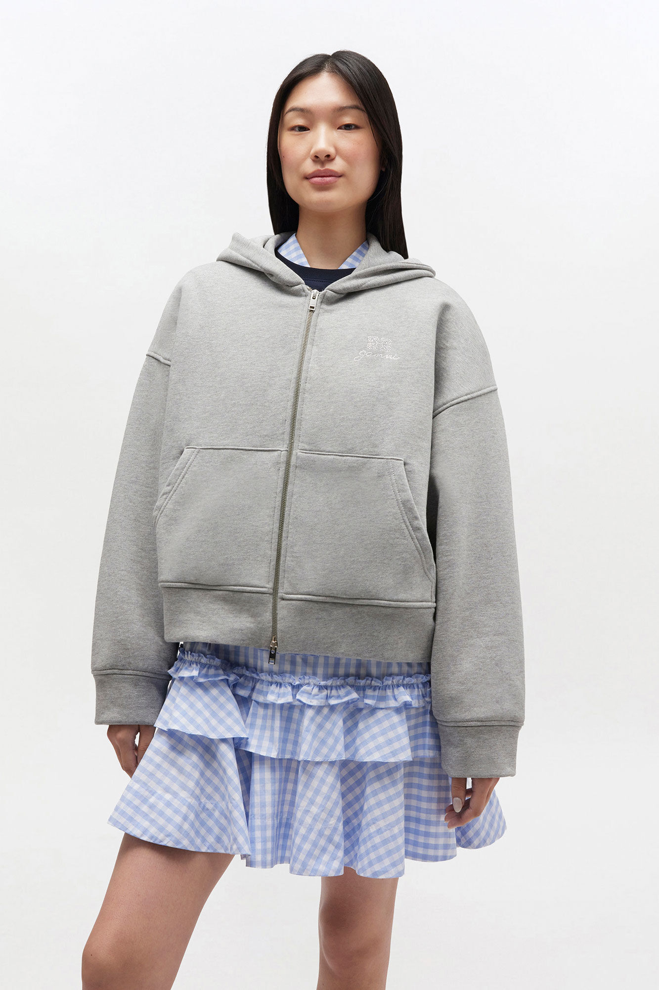 Grey Logo Zip Hoodie, Organic Cotton, in colour Paloma Melange - 2 - GANNI