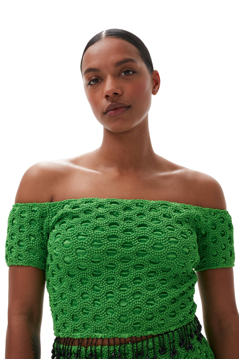 Smocked Satin Off Shoulder Top, Polyester, in colour Classic Green - 5 - GANNI