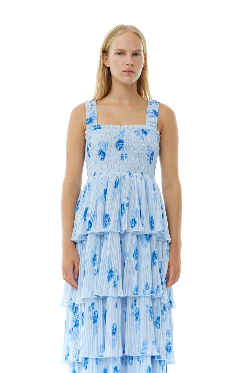 Blue Pleated Georgette Flounce Smock-kjole, Recycled Polyester, in colour Heather - 2 - GANNI