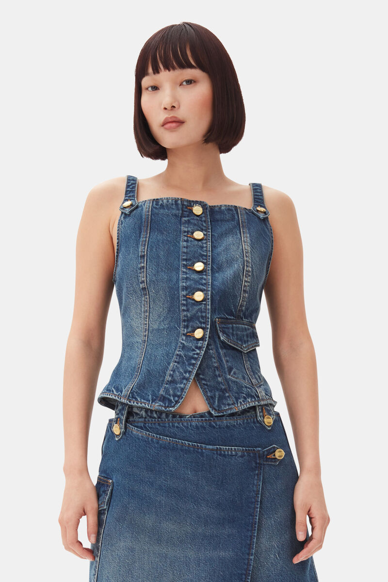Dark Blue Heavy Washed Denim Top, Cotton, in colour Mid Blue Vintage - 1 - GANNI