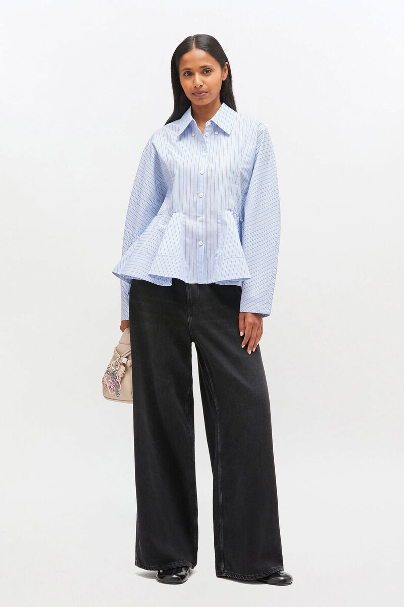 Blue Stripe Peplum Shirt, Cotton, in colour Lavender Lustre - 2 - GANNI