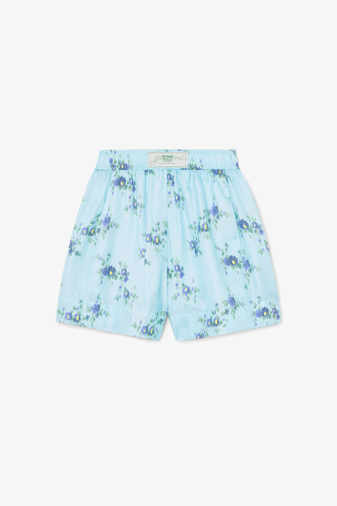 Shorts in Printed Silk, Organic Wool, in colour Iced Aqua - 1 - GANNI