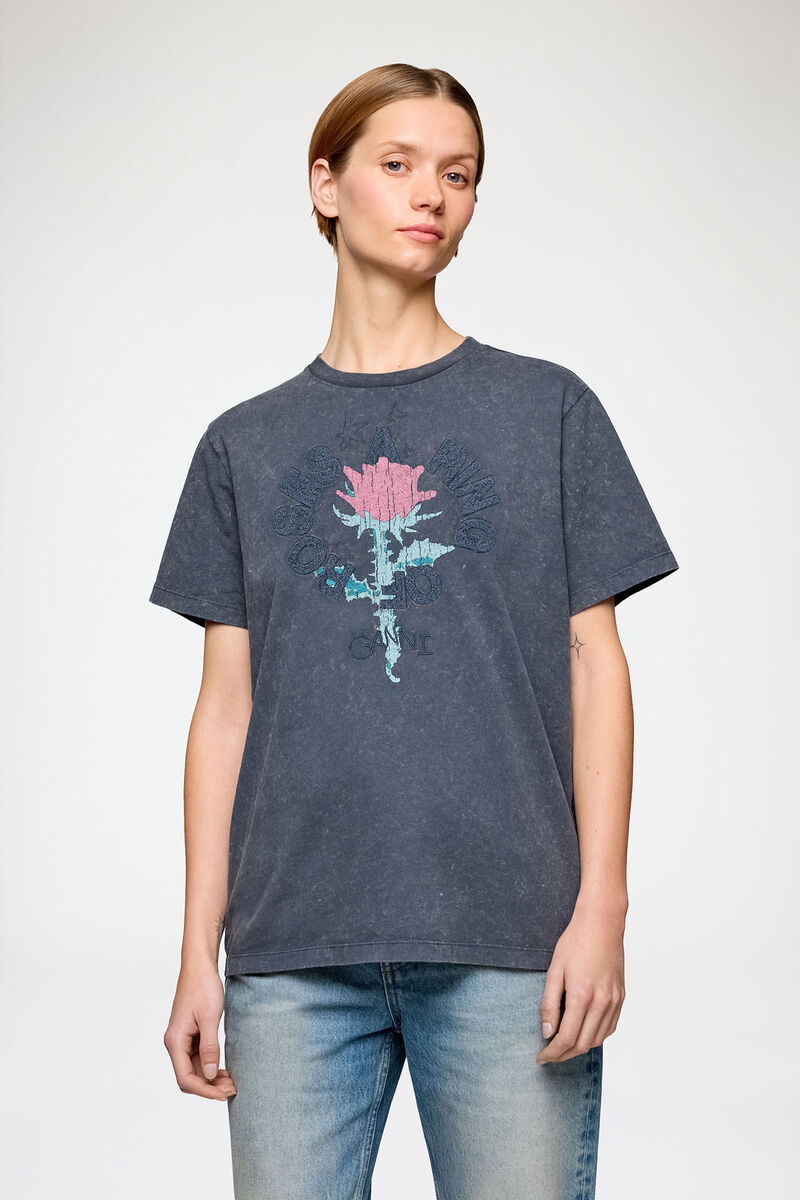 T-shirt with Rose, Recycled Cotton, in colour Phantom - 2 - GANNI