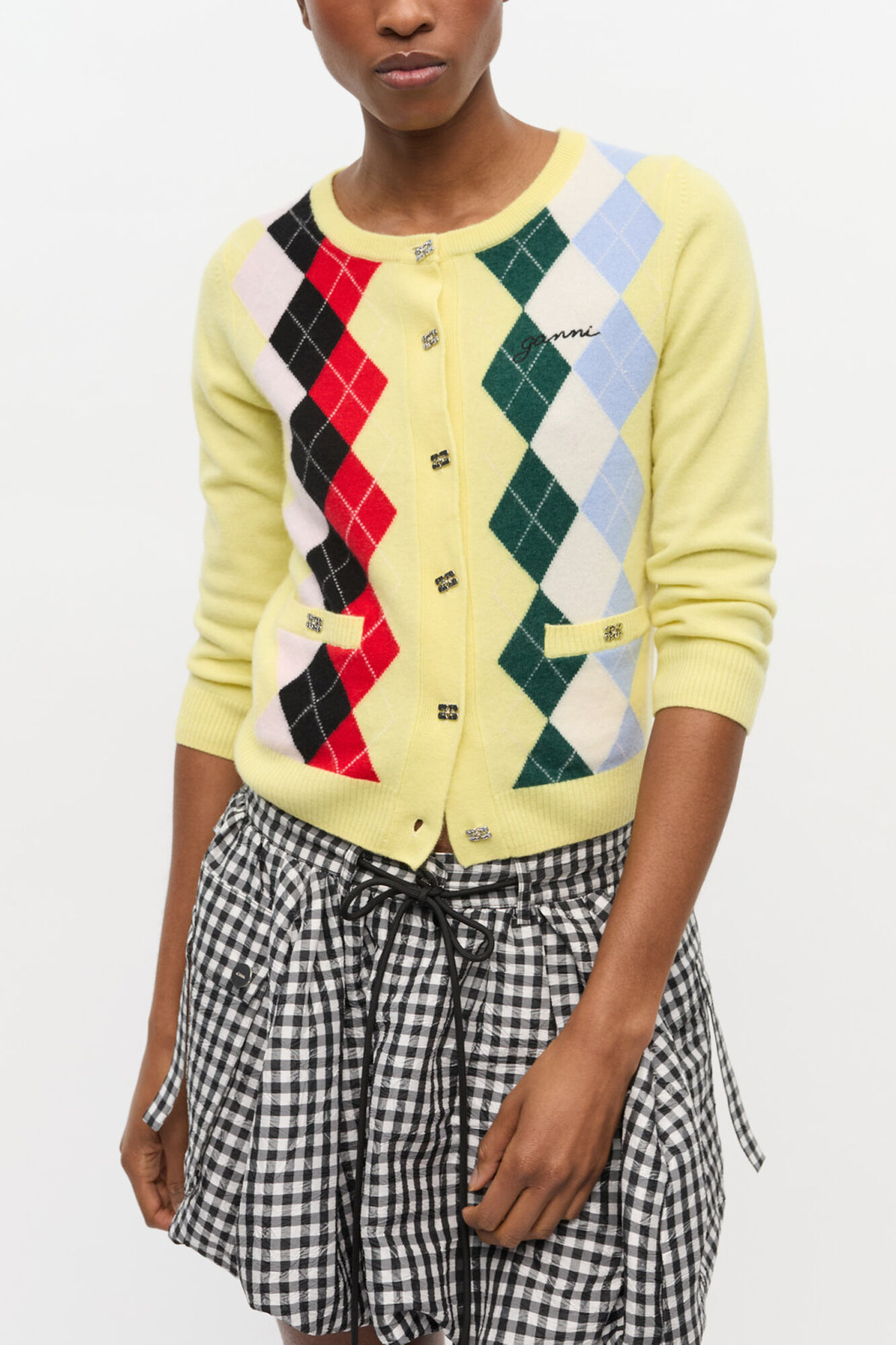 Yellow Check Cardigan | GANNI US