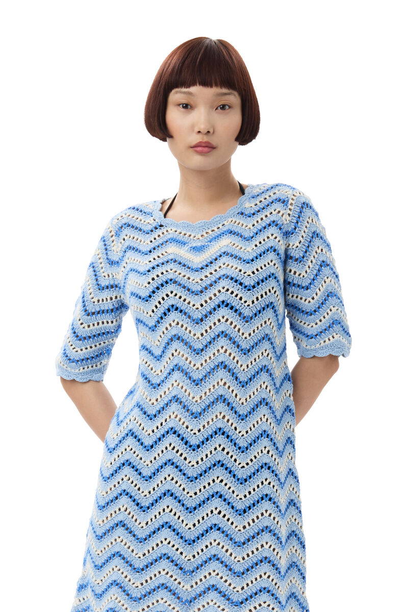 Blue Cotton Crochet Mini Dress, Cotton, in colour Heather - 2 - GANNI