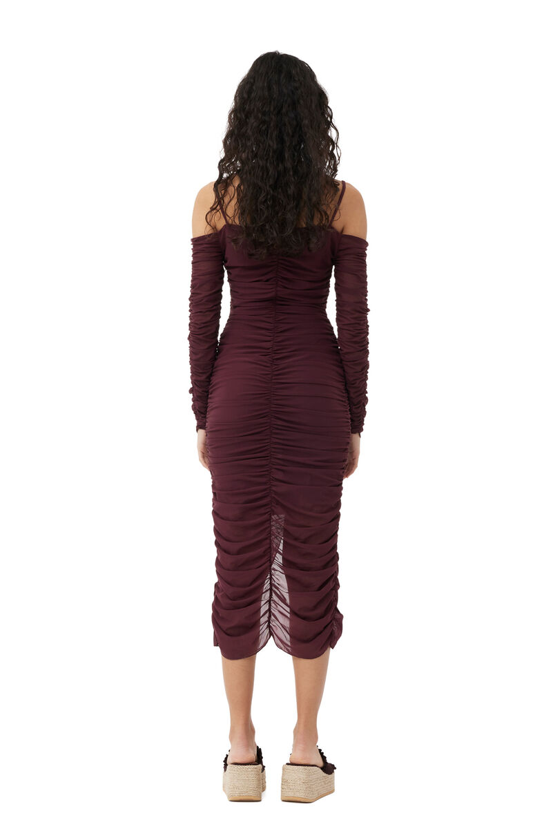 GANNI X ESTER MANAS Mesh Off Shoulder Gather Dress, Recycled Nylon, in colour Port Royale - 6 - GANNI