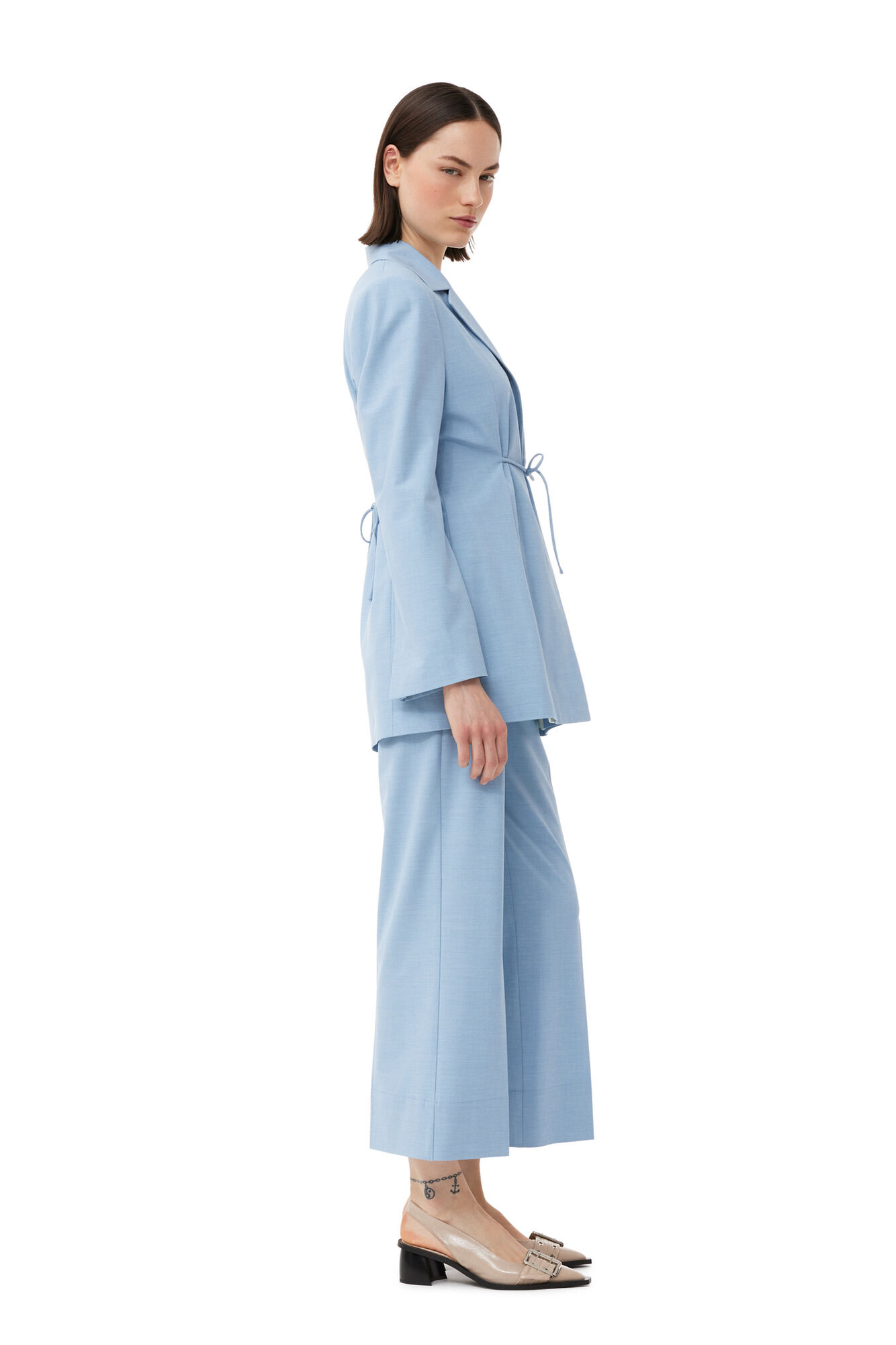 Blue Drapey Melange Cropped Bukser, Elastane, in colour Powder Blue - 3 - GANNI