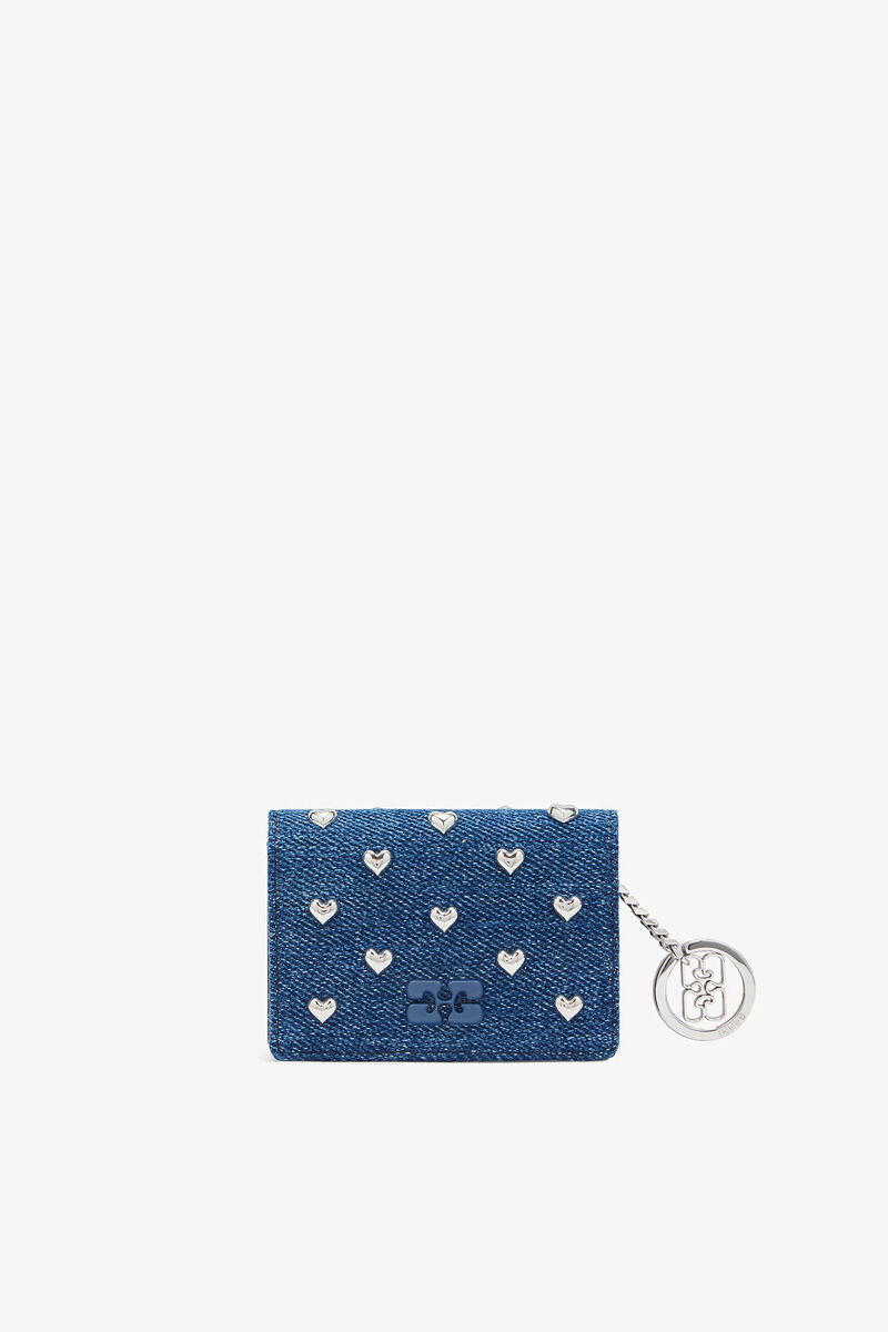 Bou Card Holder With Flap Heart Studs in Denim, Recycled Cotton, in colour Faded Denim - 1 - GANNI