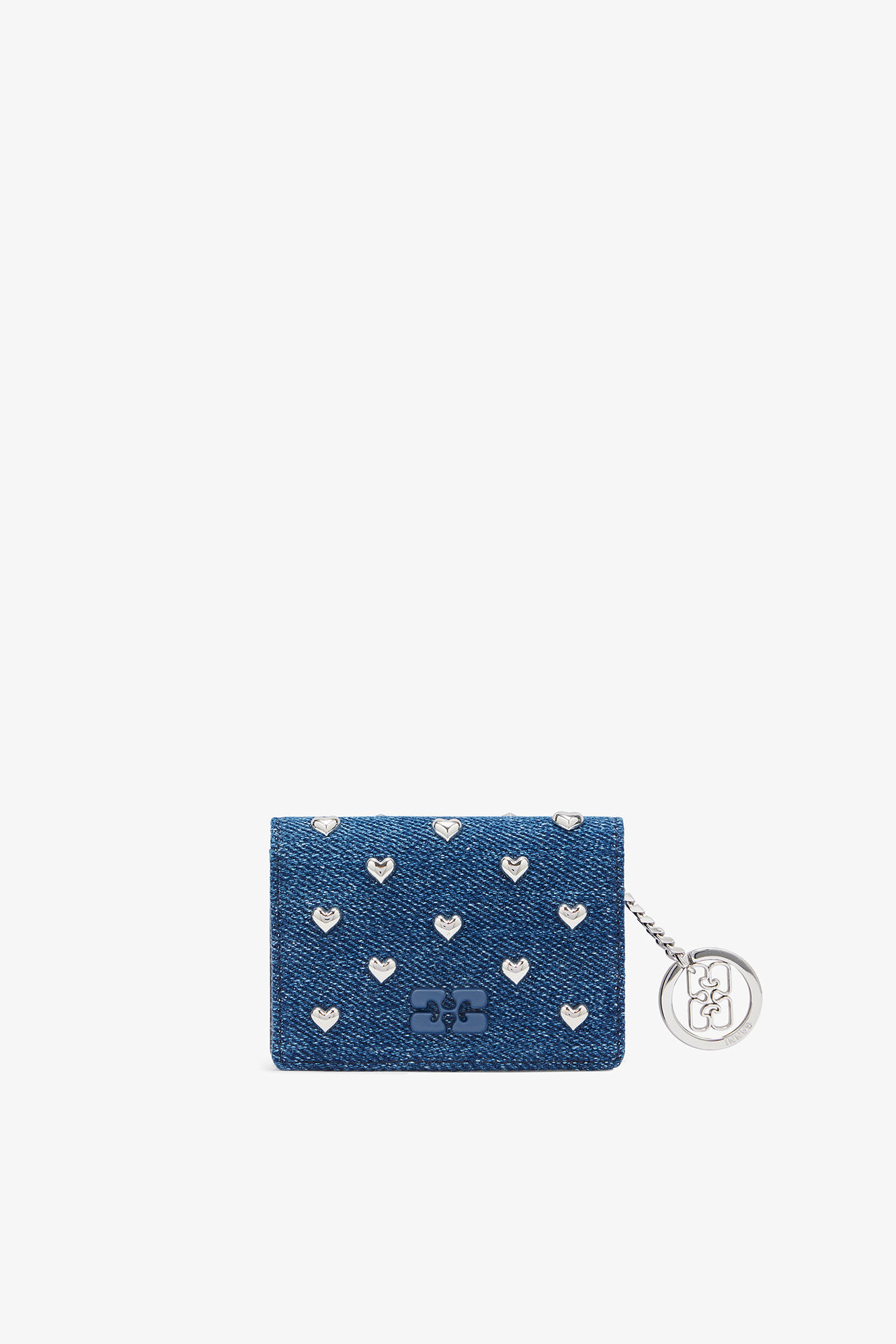 Bou Card Holder With Flap Heart Studs in Denim, Recycled Cotton, in colour Faded Denim - 1 - GANNI