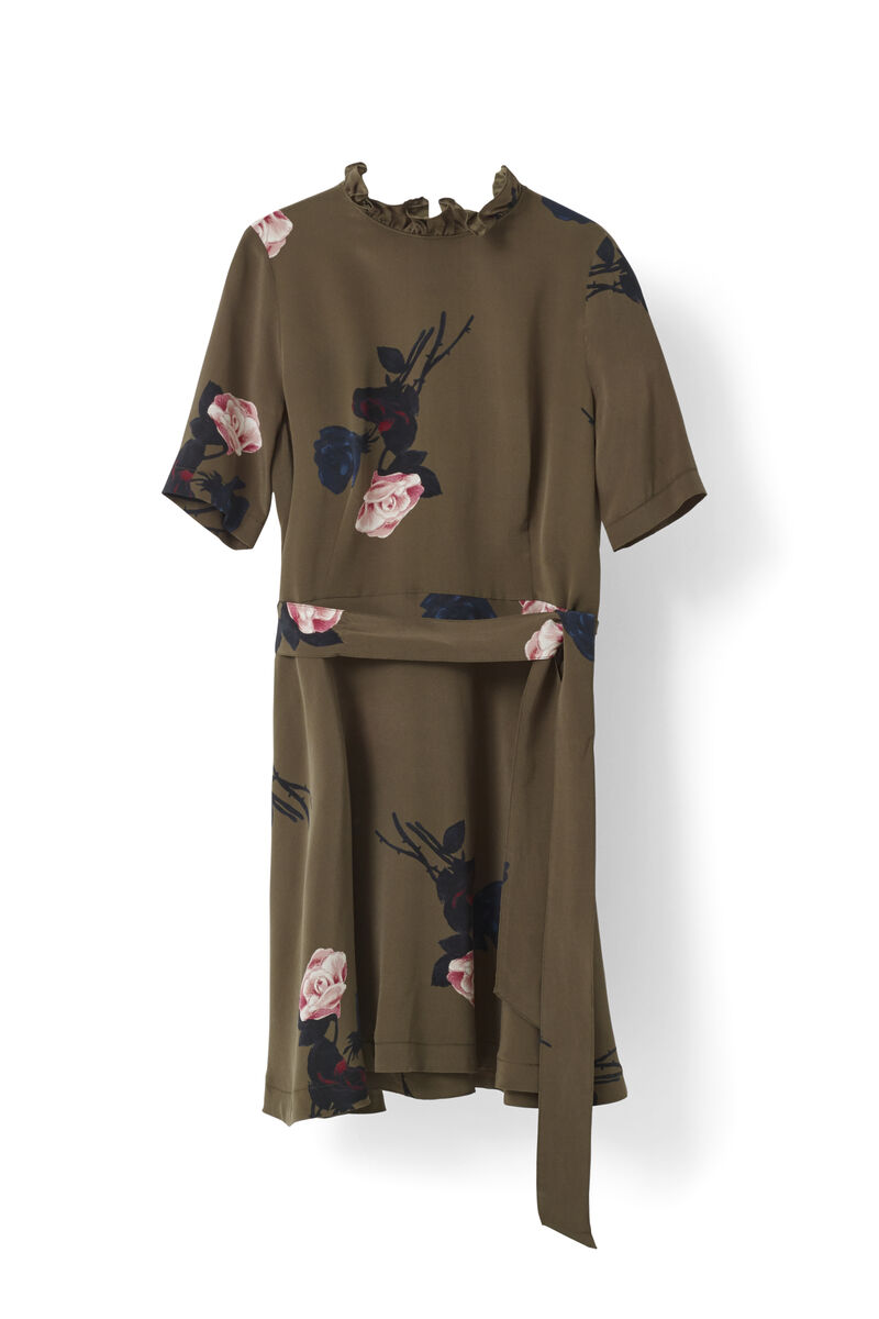 Donaldson Silk Mini Dress, in colour Dark Olive Roses - 1 - GANNI