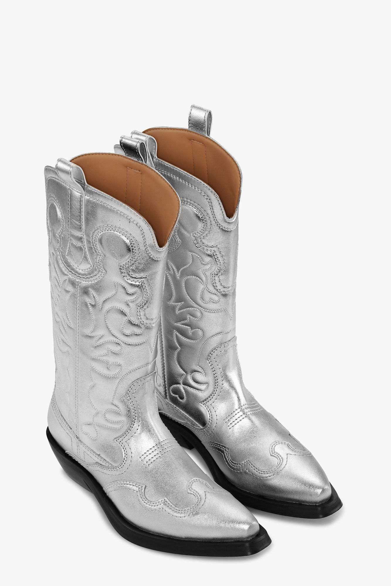 Silver Mid Shaft Embroidered Western Boots, Polyester, in colour Silver - 2 - GANNI