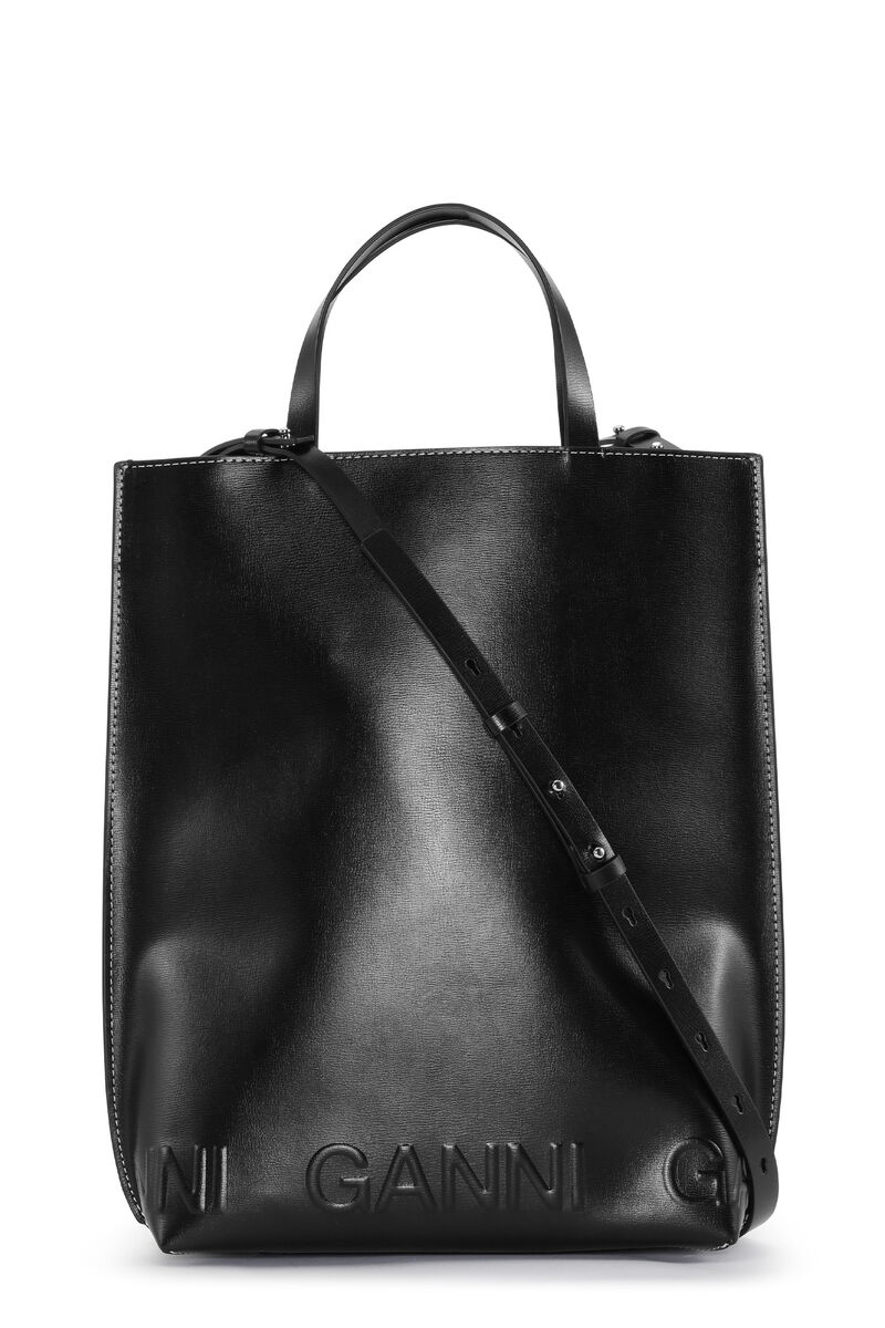 Medium toteveske med logo, Leather, in colour Black - 1 - GANNI