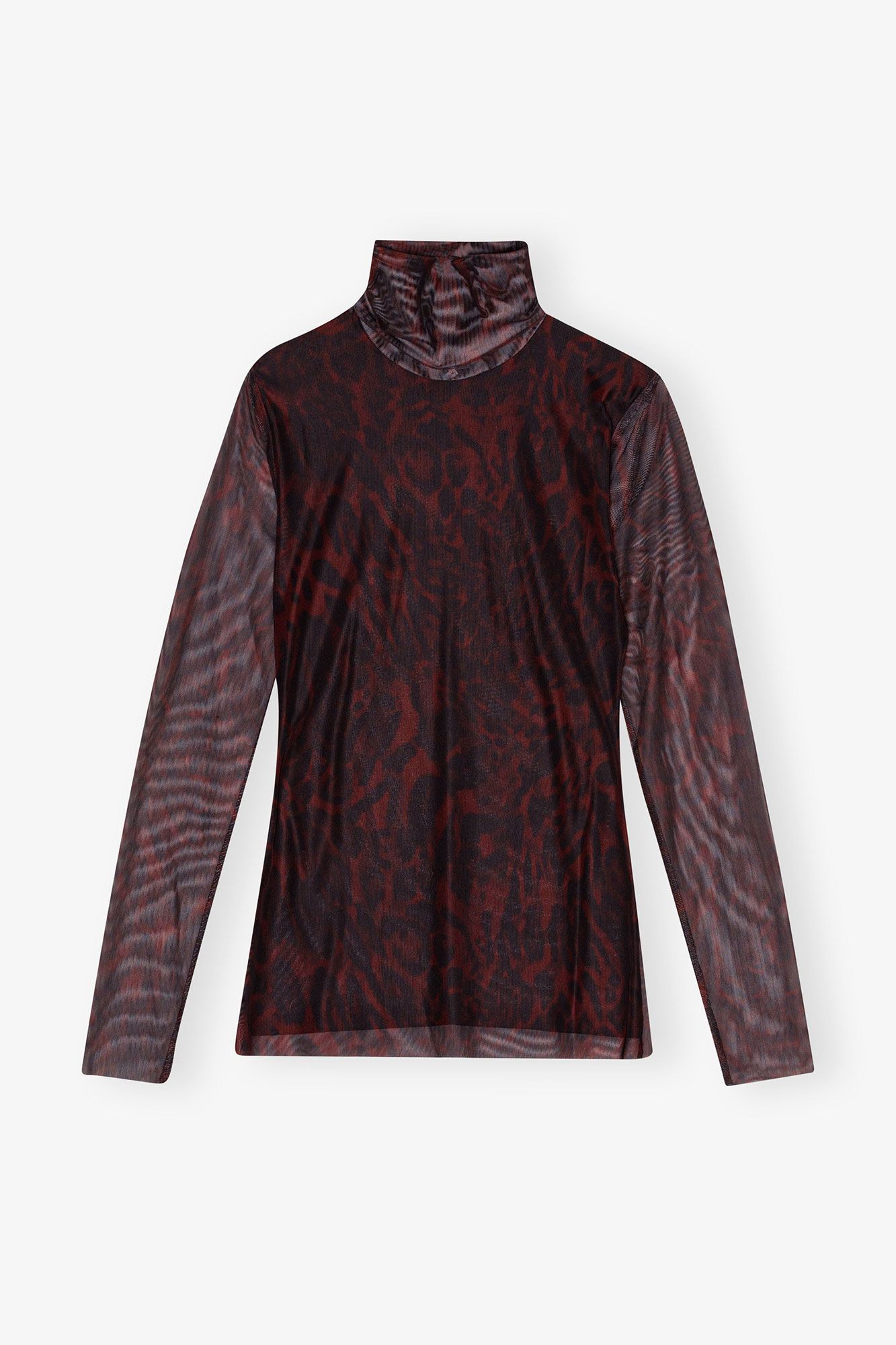 Bitter Chocolate Printed Mesh Long Sleeve Rollneck | GANNI FI