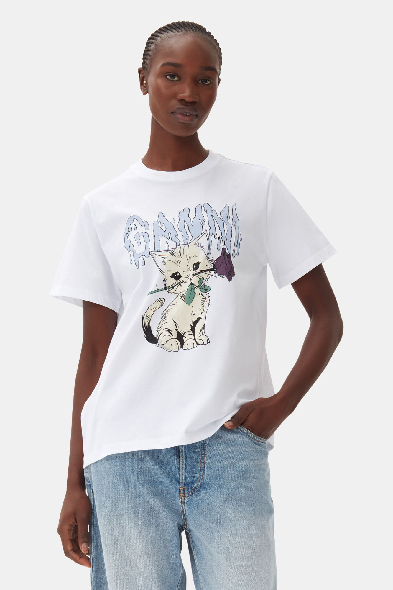 Relaxed Cat T-shirt, Cotton, in colour Bright White - 1 - GANNI