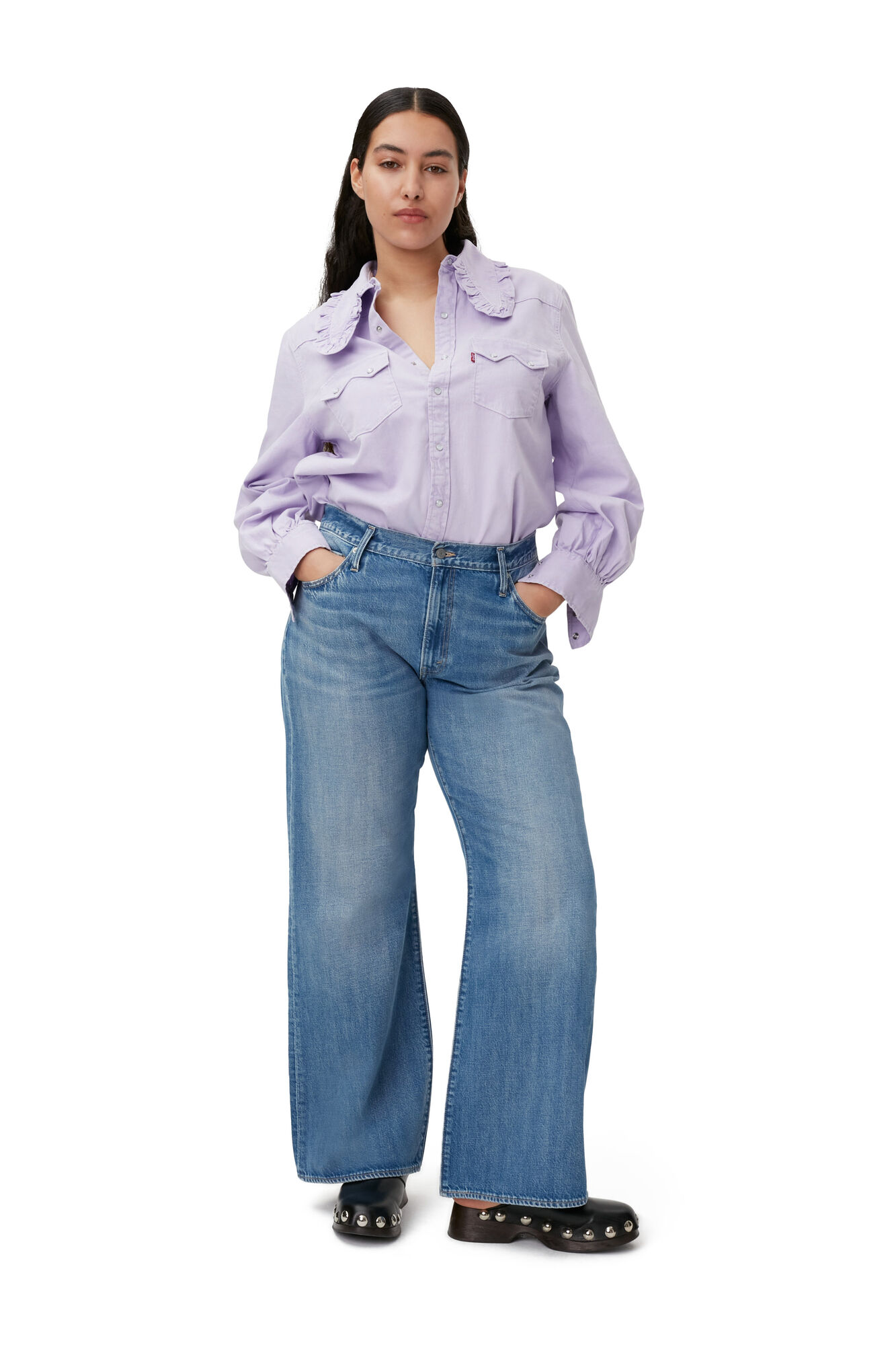 Western Blouse, Cotton, in colour Natural Lilac - 7 - GANNI
