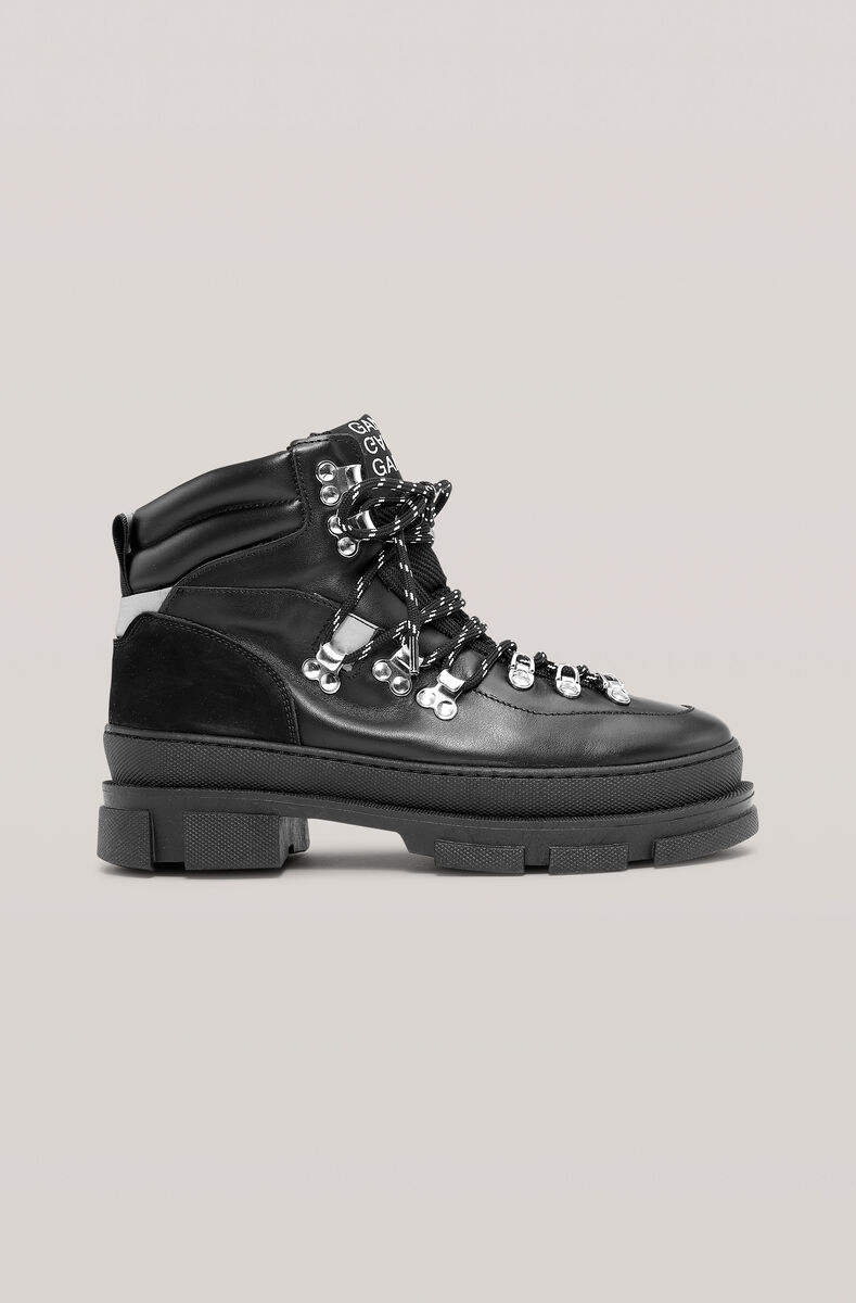 Sporty Hiking Boots, Leather, in colour Black - 1 - GANNI
