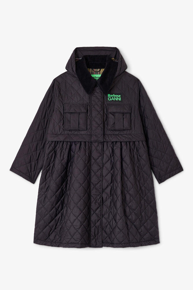 Quilted Long Coat in Black, Black