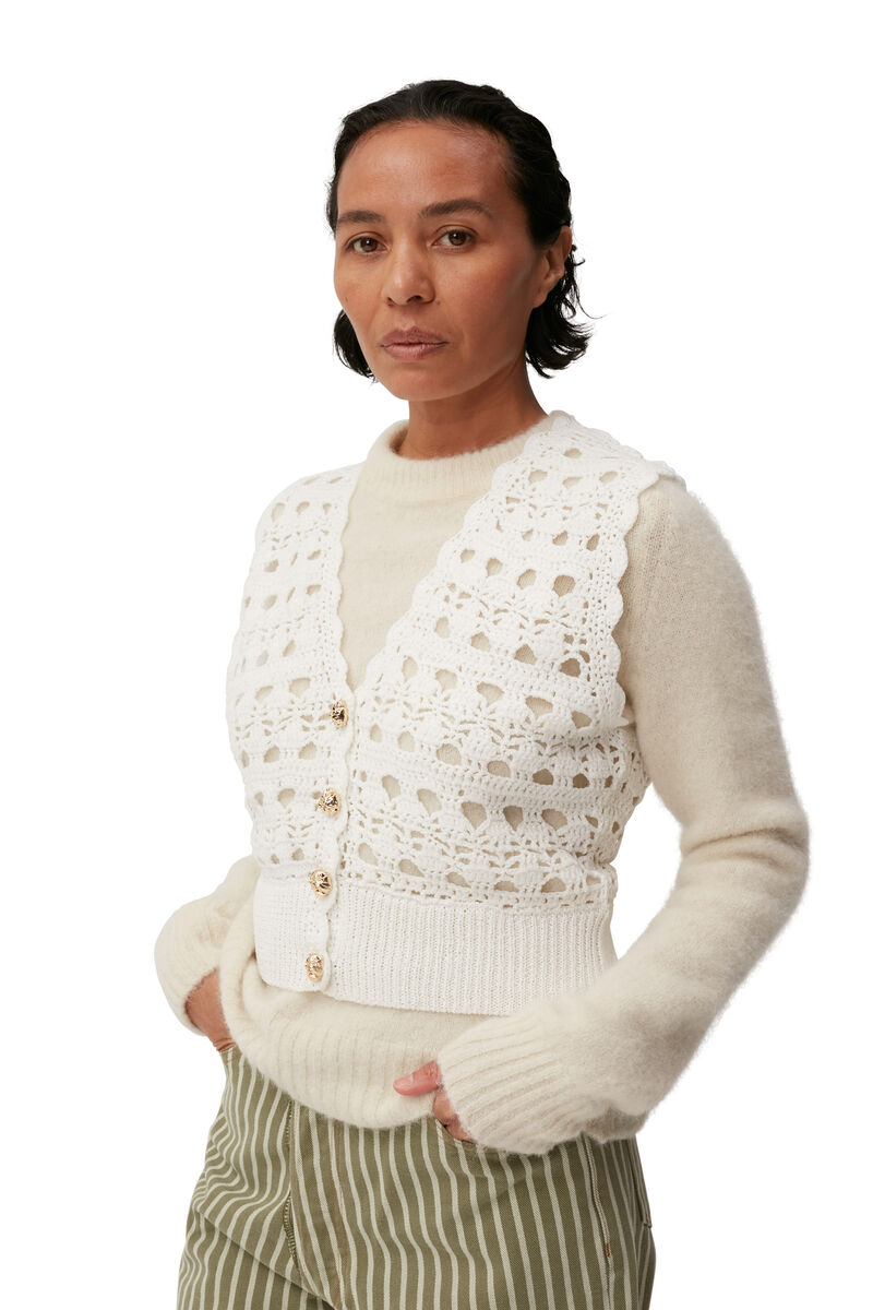 Crochet V-neck Vest, Nylon, in colour Egret - 1 - GANNI