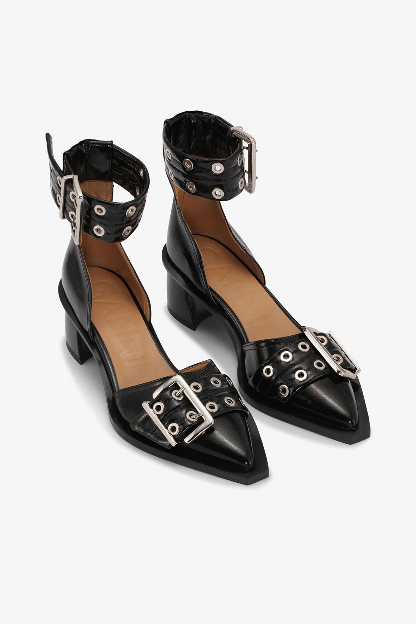Black Feminine Buckle Open Cut Pumps, Recycled Polyester, in colour Black - 2 - GANNI