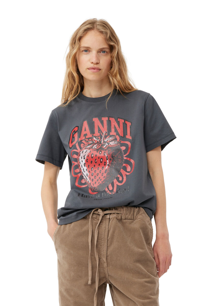 Grey Relaxed Strawberry T-shirt, Cotton, in colour Volcanic Ash - 1 - GANNI