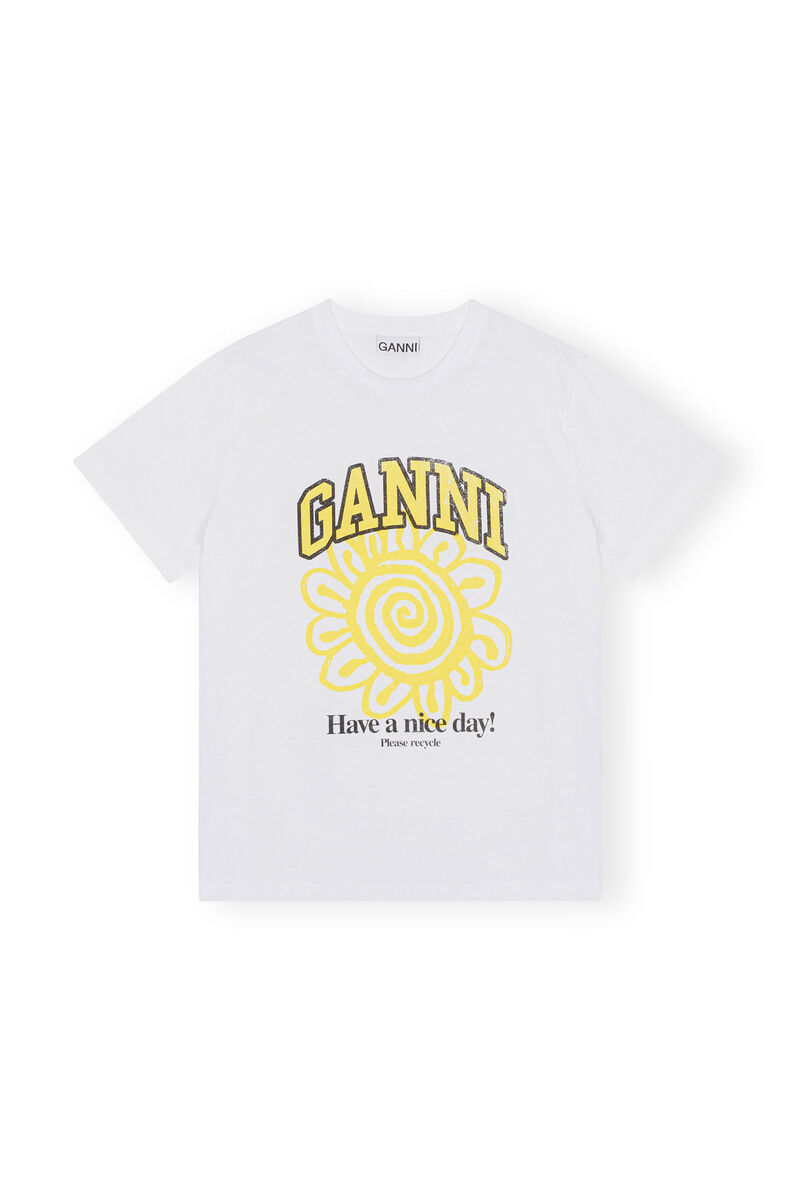 Relaxed Yellow Flower T-shirt, Cotton, in colour Bright White - 1 - GANNI