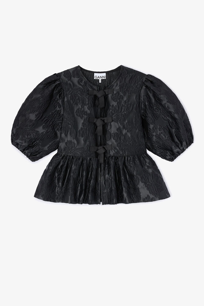 Satin Peplum Tie Blouse, Jet Black