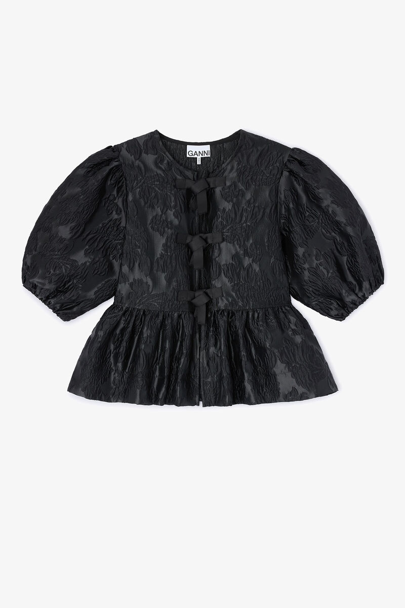 Satin Peplum Tie Blouse, in colour Jet Black - 1 - GANNI