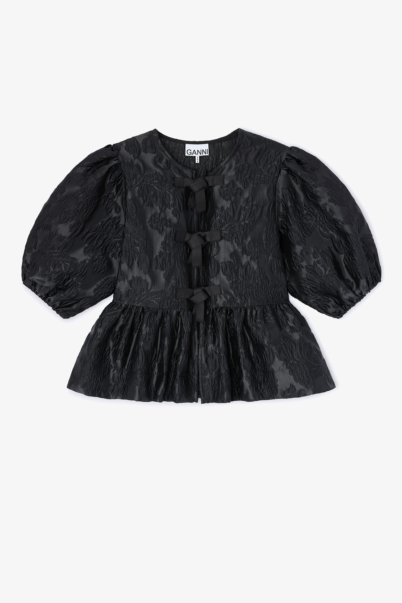 Satin Peplum Tie Blouse, in colour Jet Black - 1 - GANNI