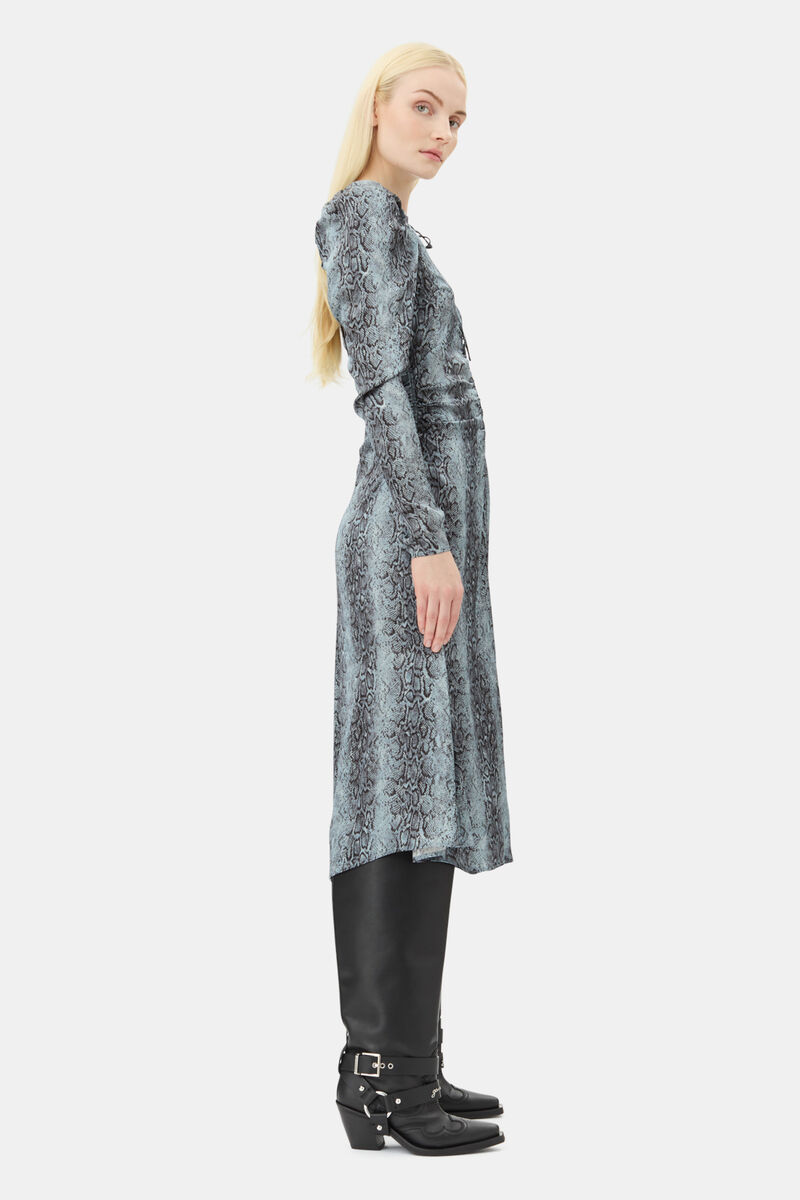 Blue Snake Print Ruched Midi Dress, Spandex, in colour Celestial Blue - 3 - GANNI
