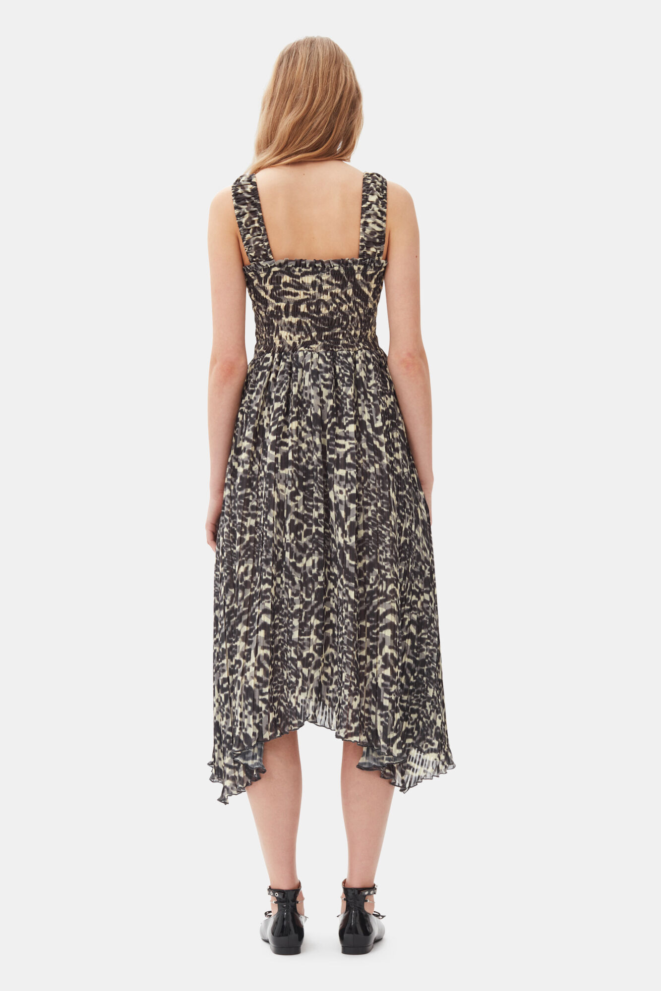 Printed Pleated Georgette Smock Midi Dress, Recycled Polyester, in colour Lemon Icing - 4 - GANNI