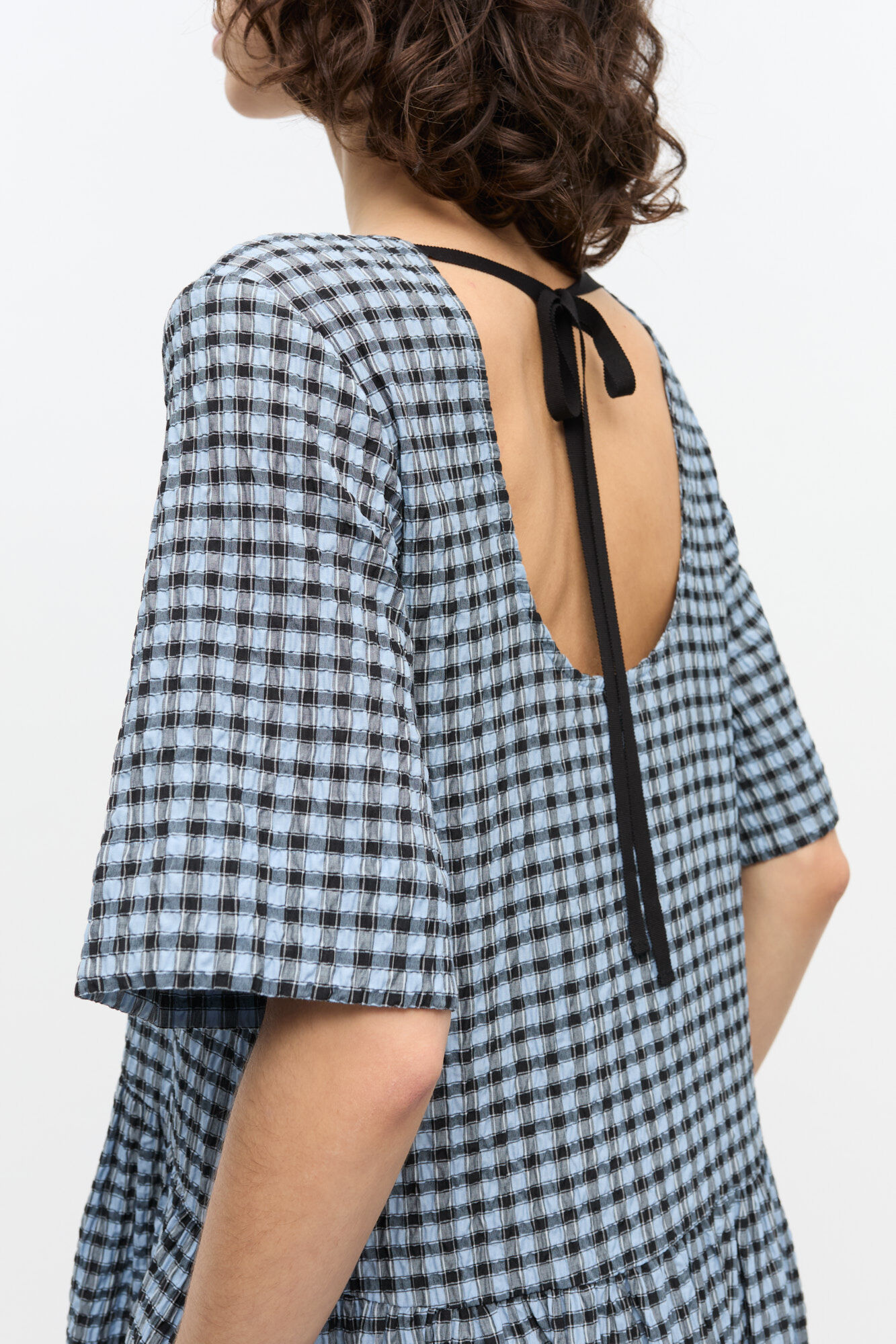 Blue Seersucker Check Midi Dress, Organic Cotton, in colour Soft Chambray - 4 - GANNI