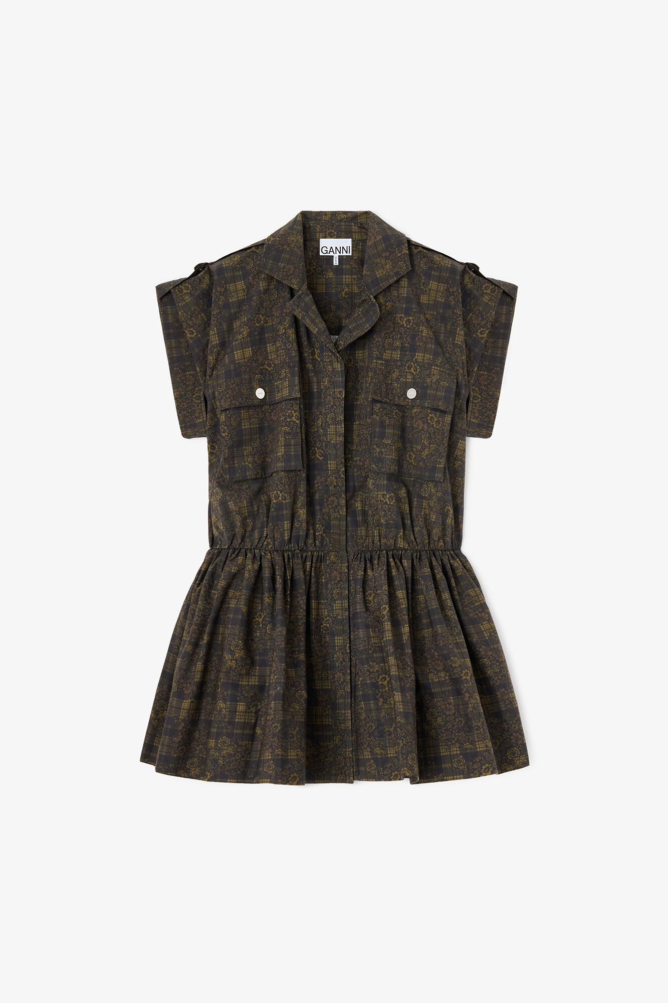 Dress in Printed Cotton, Organic Cotton, in colour Gothic Olive - 1 - GANNI