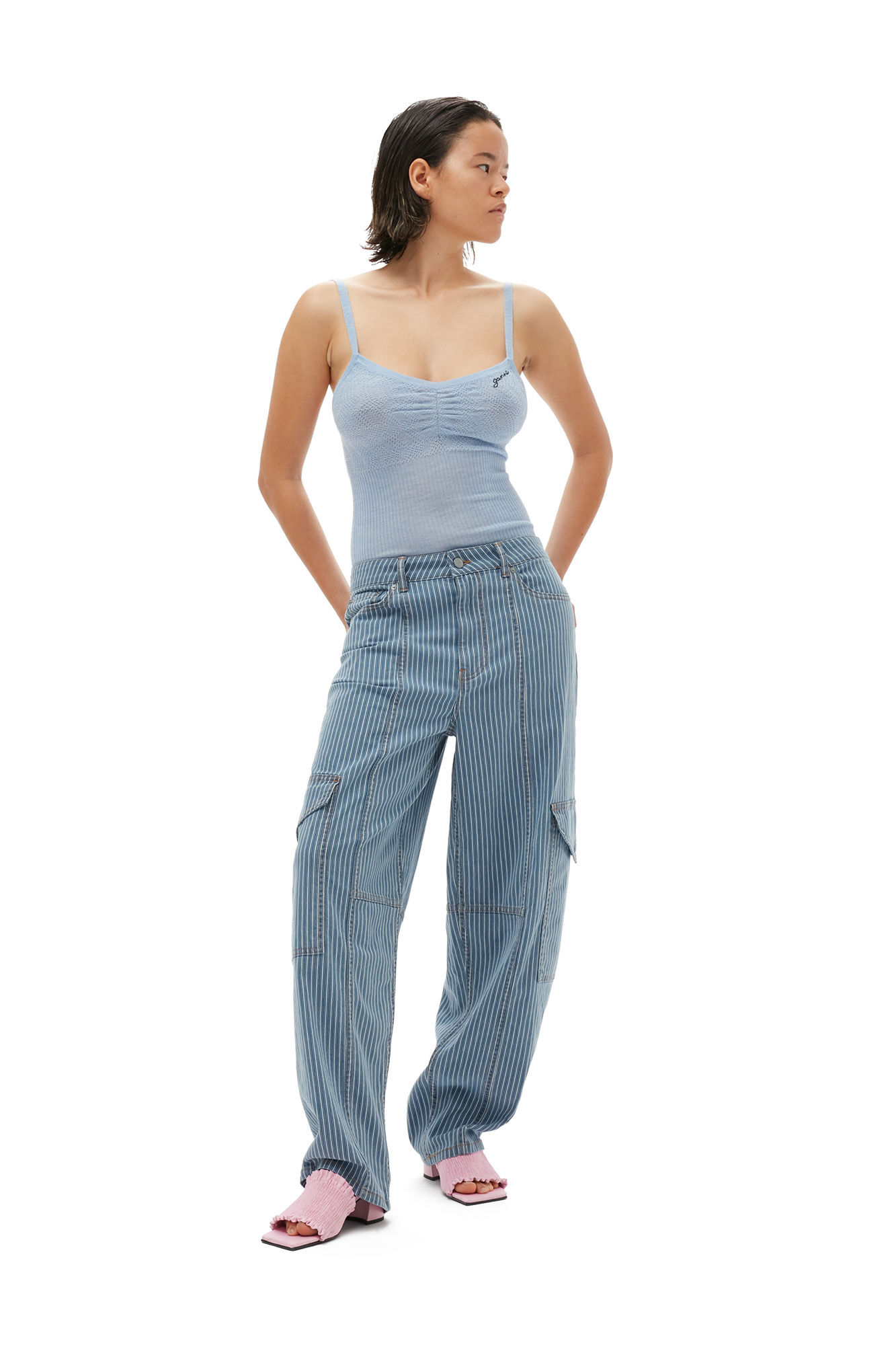 Light Stripe Denim Cargo Pants, Elastane, in colour Mid Blue Stone - 1 - GANNI