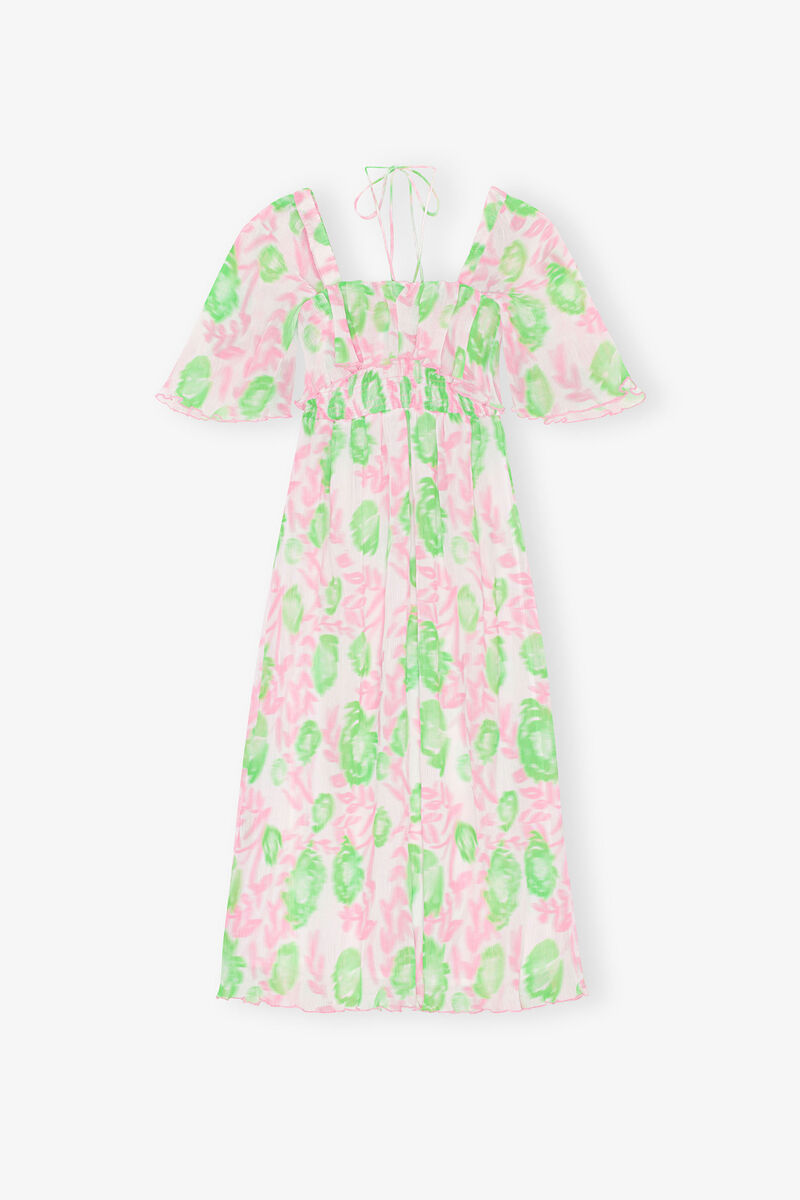 Robe midi &agrave; smocks en georgette pliss&eacute;e, Recycled Polyester, in colour Pink Tulle - 1 - GANNI