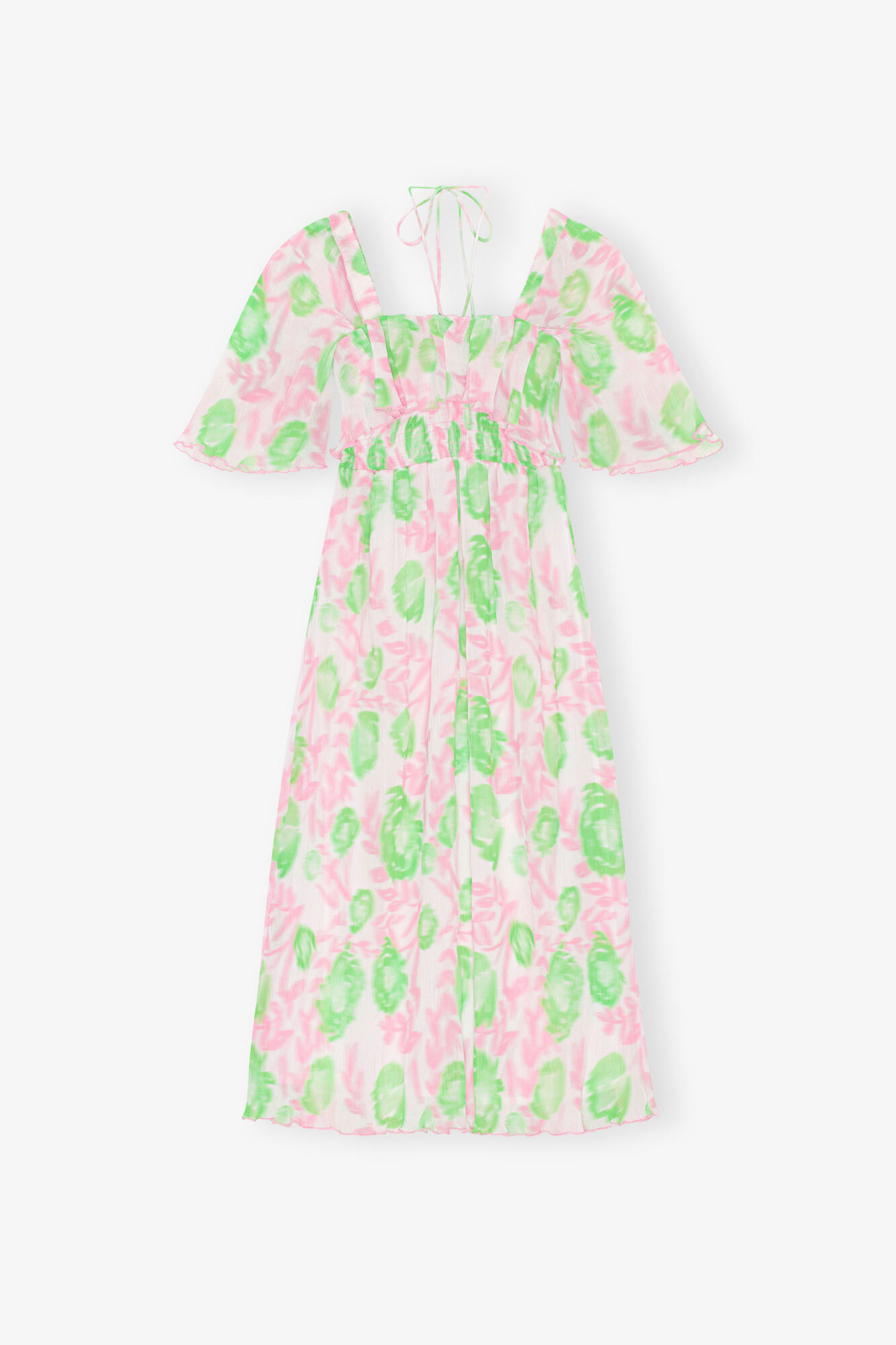 Robe midi &agrave; smocks en georgette pliss&eacute;e, Recycled Polyester, in colour Pink Tulle - 1 - GANNI