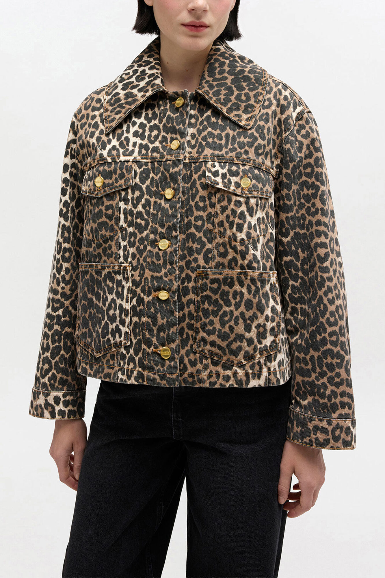 Leopard Denim Jacket, Organic Cotton, in colour Almond Milk - 2 - GANNI
