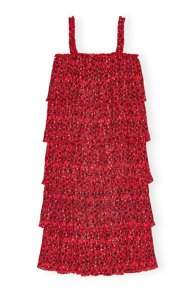 Red Pleated Georgette Flounce Strap Midi Kleid, Recycled Polyester, in colour Racing Red - 2 - GANNI
