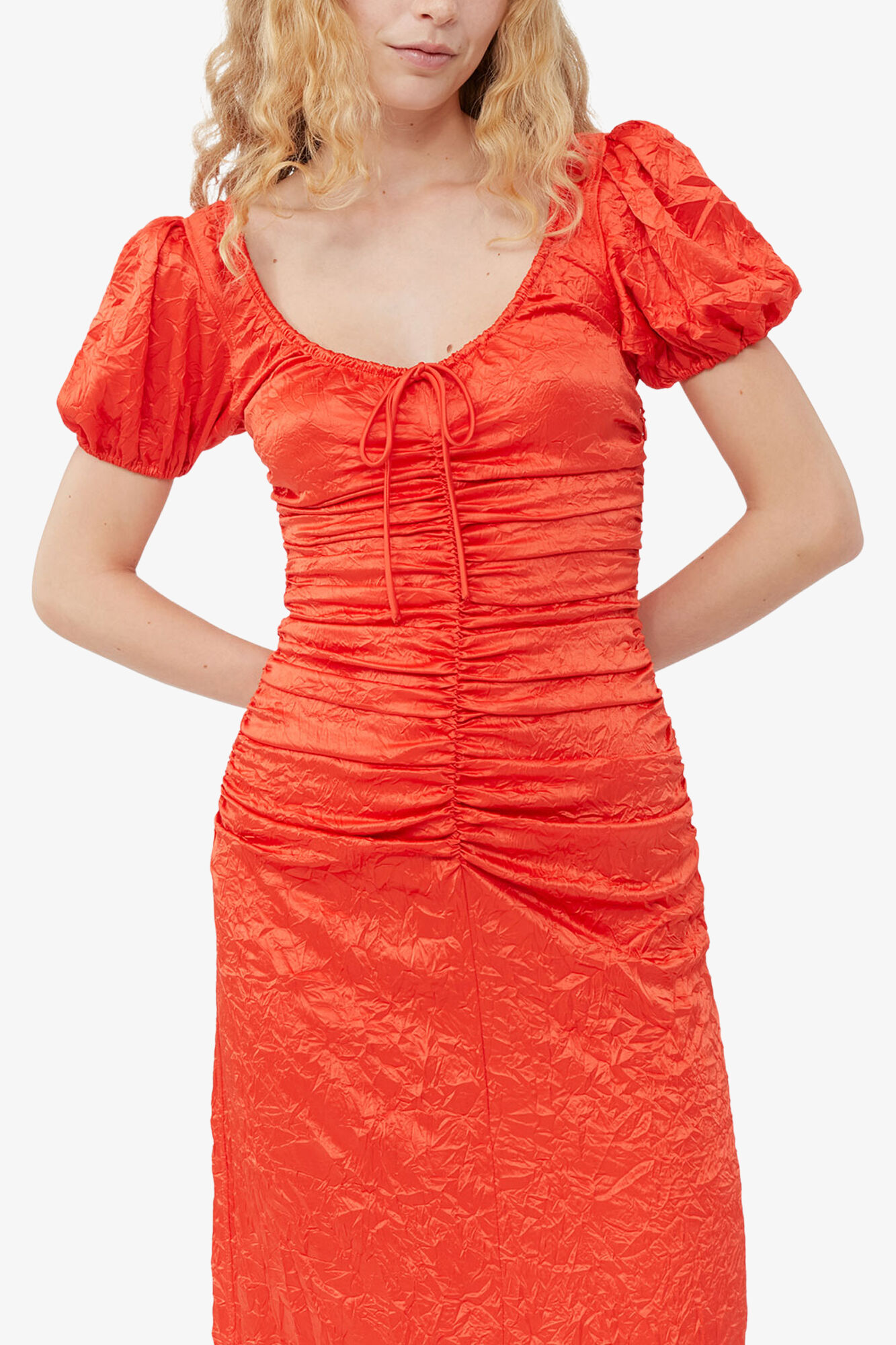 Red Crinkled Satin Midi Dress, Recycled Polyester, in colour Grenadine - 4 - GANNI