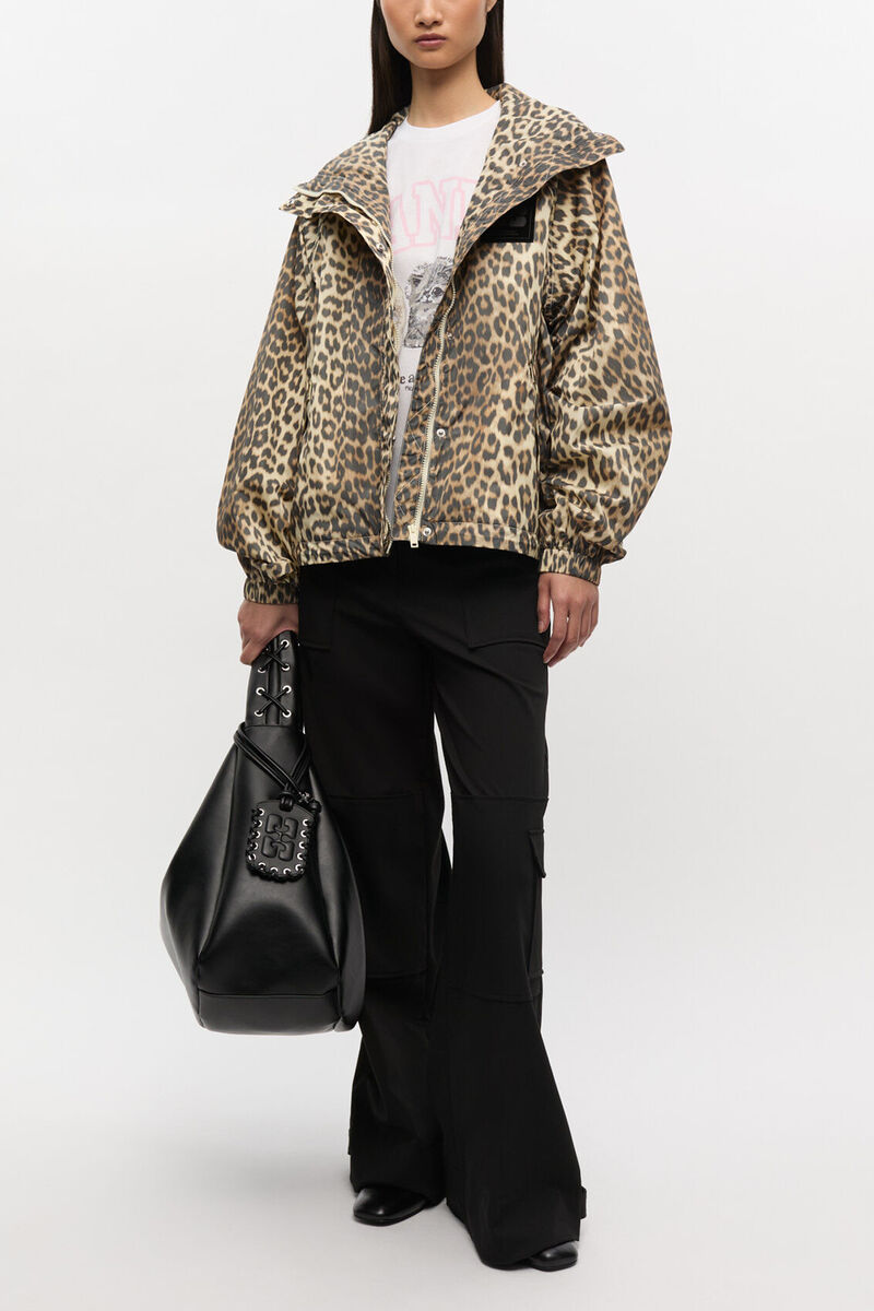 Leopard Print Nylon Jacket, Recycled Nylon, in colour Almond Milk - 2 - GANNI
