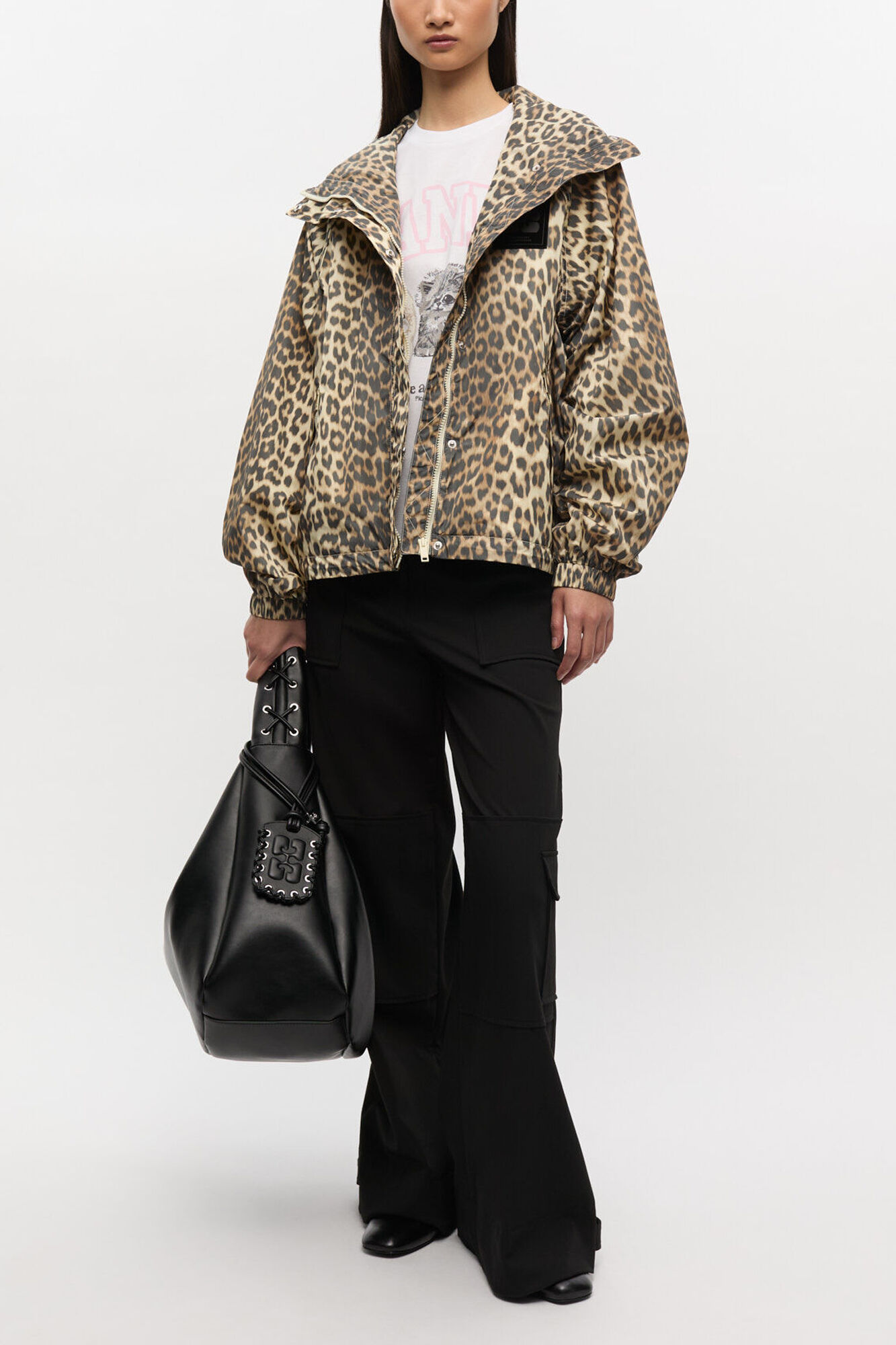 Leopard Print Nylon Jacket, Recycled Nylon, in colour Almond Milk - 2 - GANNI