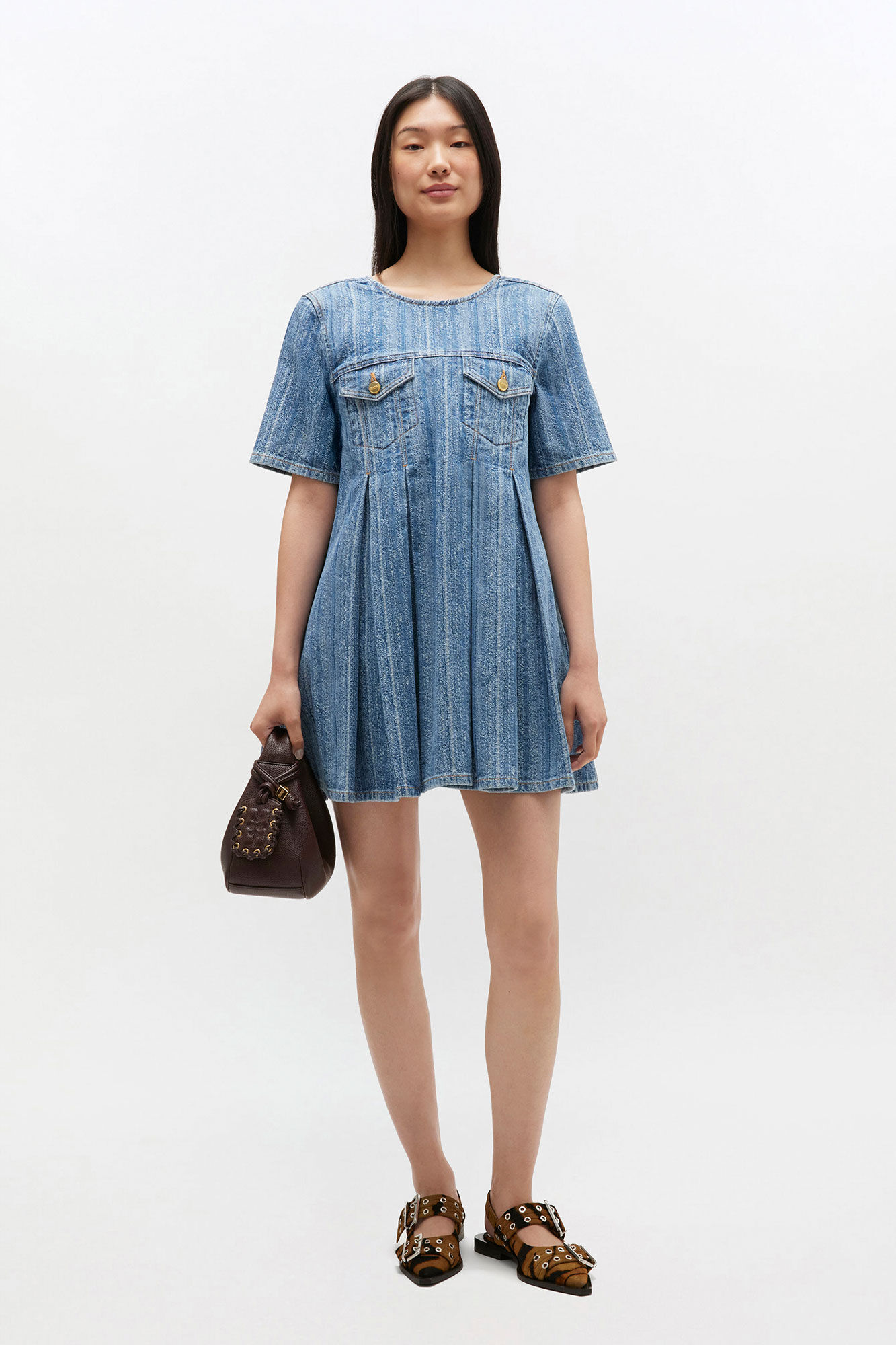 Striped Denim Pleated Dress, Cotton, in colour Mid Blue Stone - 1 - GANNI