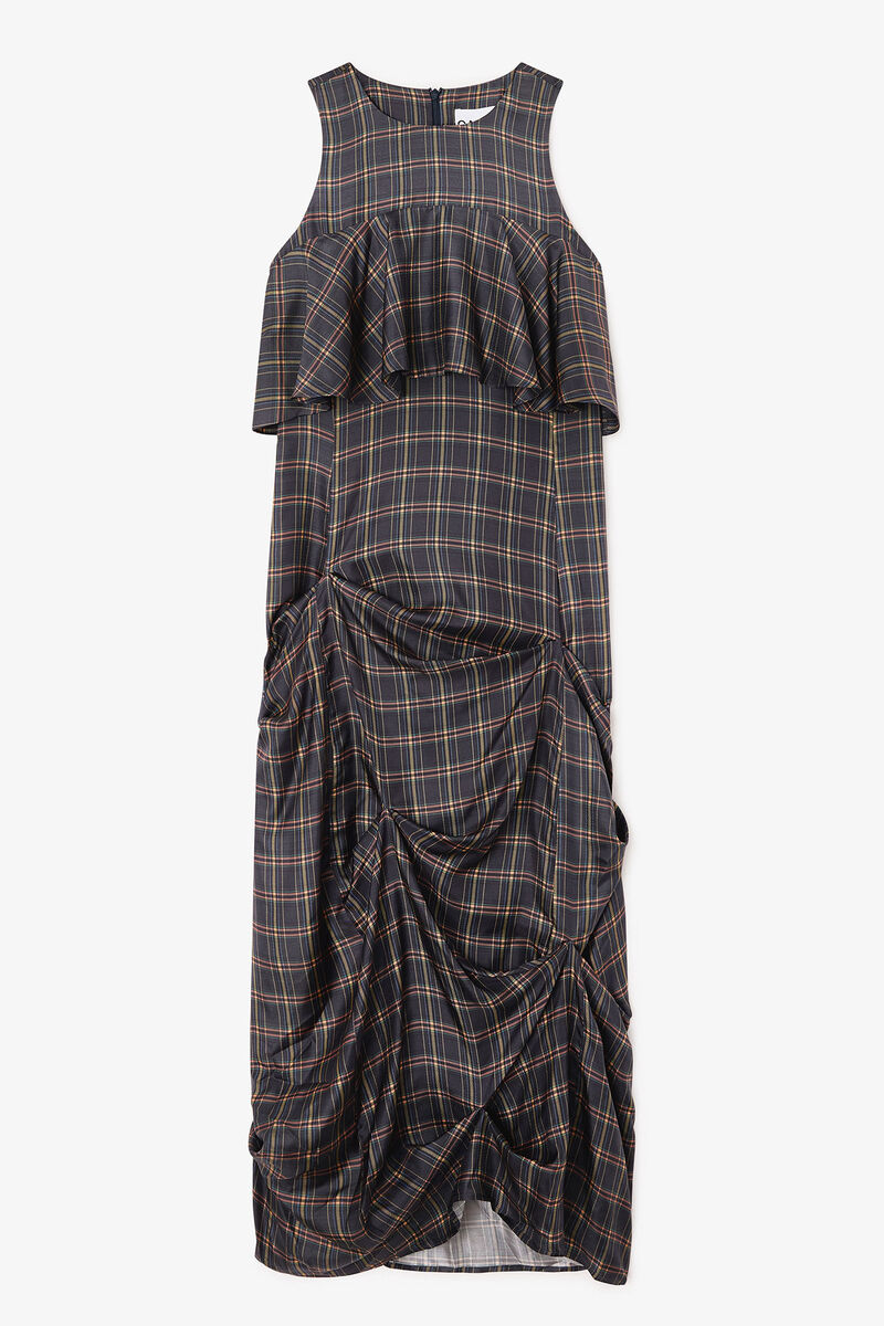 Check Ruffle Dress, Silk, in colour Charcole Art - 1 - GANNI