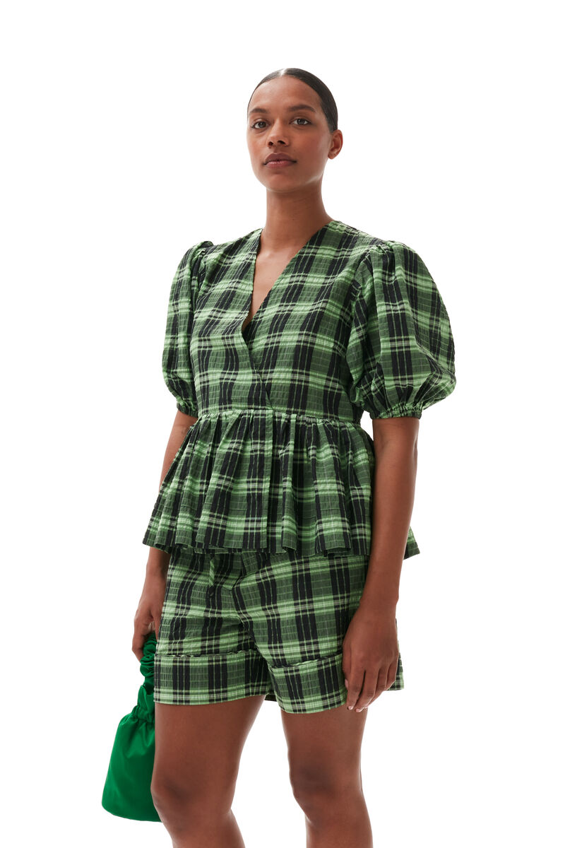 Green Seersucker Check Wrap Blouse, Organic Cotton, in colour Peapod - 3 - GANNI