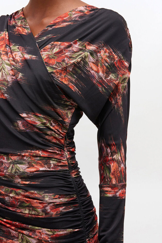 Floral Ruched Dress, Black