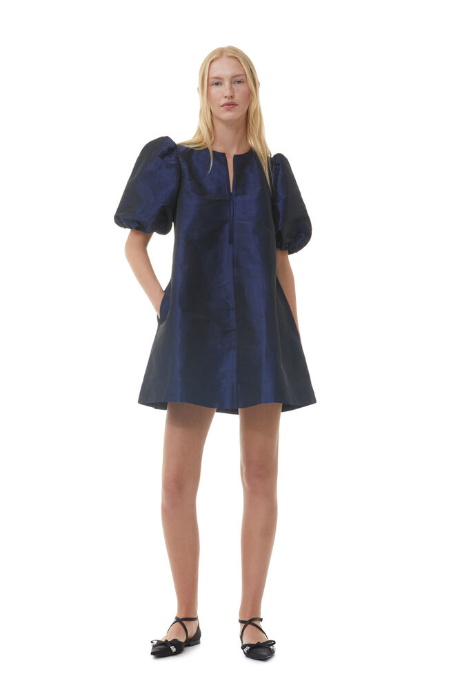 Blue Shiny Taffeta Mini Dress, Sodalite Blue
