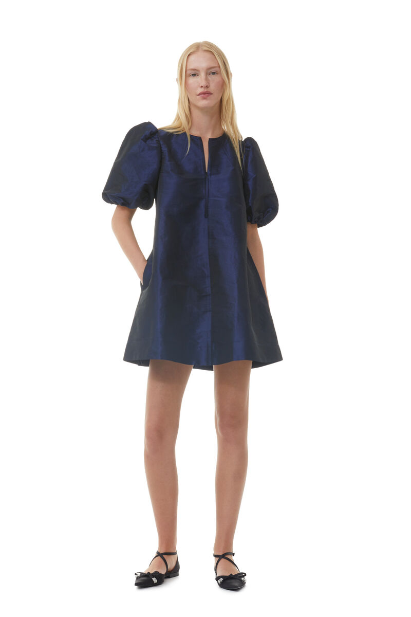 Blue Shiny Taffeta Mini Dress, Polyester, in colour Sodalite Blue - 1 - GANNI